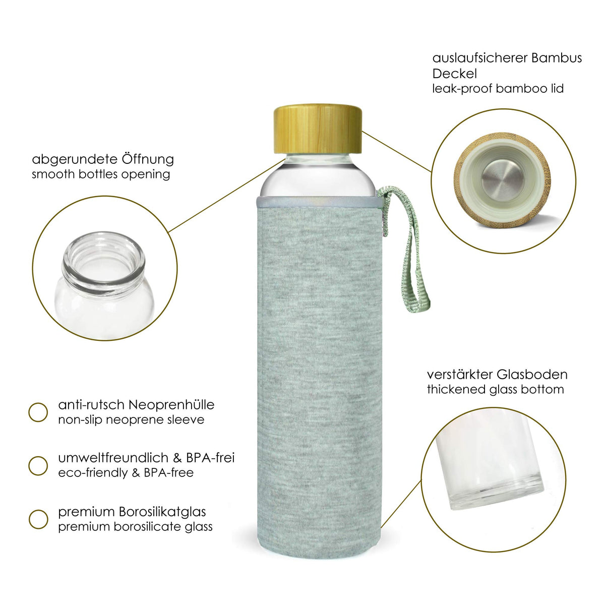 Trinkflasche mit Bambusdeckel - 750 ml - Blume, mit robustem Borosilikatglas, rutschfester Neoprenhülle und auslaufsicherem Bambusverschluss.