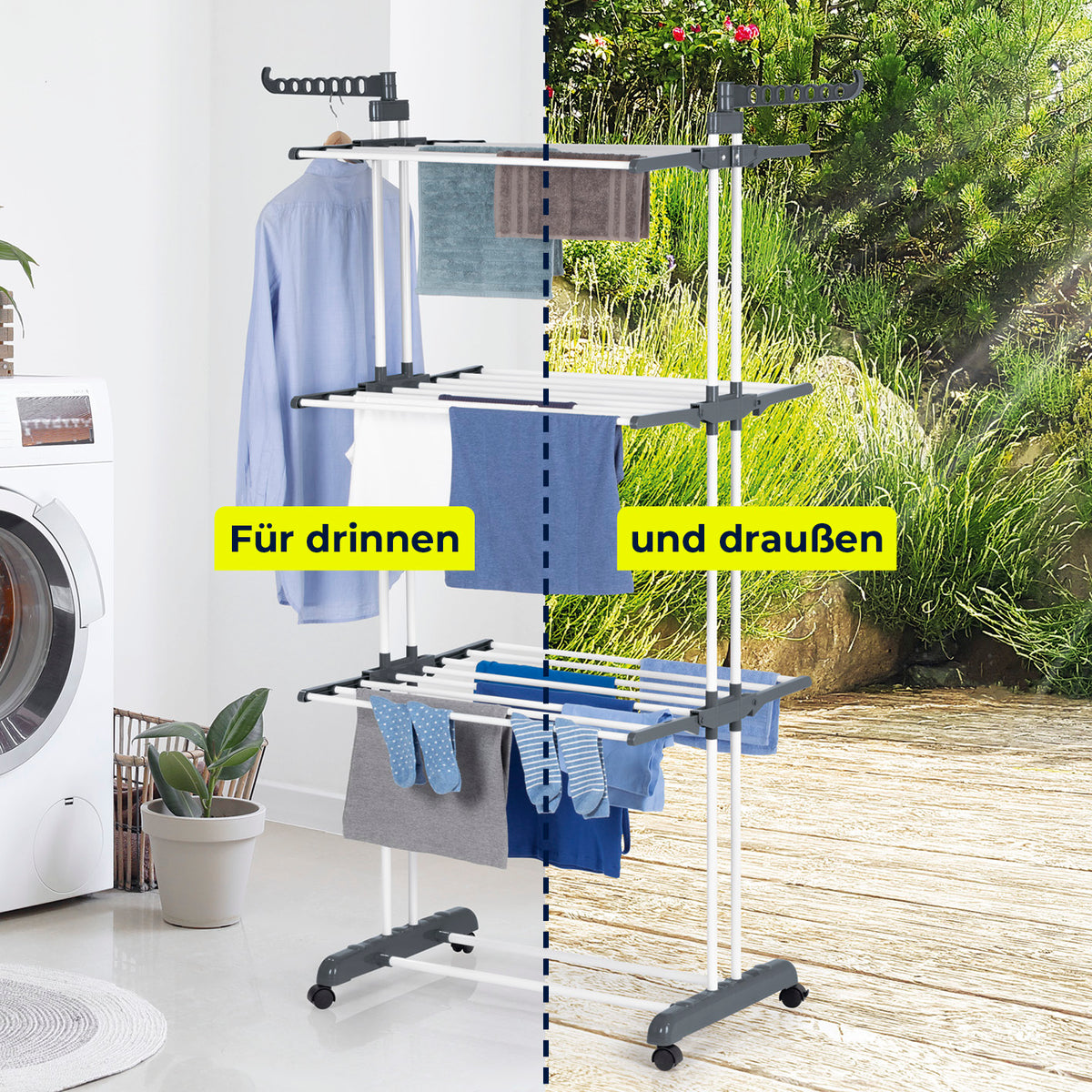 Wäsche-Tower 1600 - Grau, klappbar, mit 16 m Trockenlänge, 3 Ebenen und 2 Flügeln, ideal für drinnen und draußen.