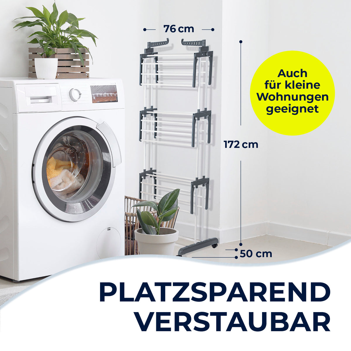 Wäsche-Tower 1600 - Grau platzsparend klappbar mit 3 Ebenen, ideal für kleine Wohnungen und effizientes Trocknen drinnen und draußen.
