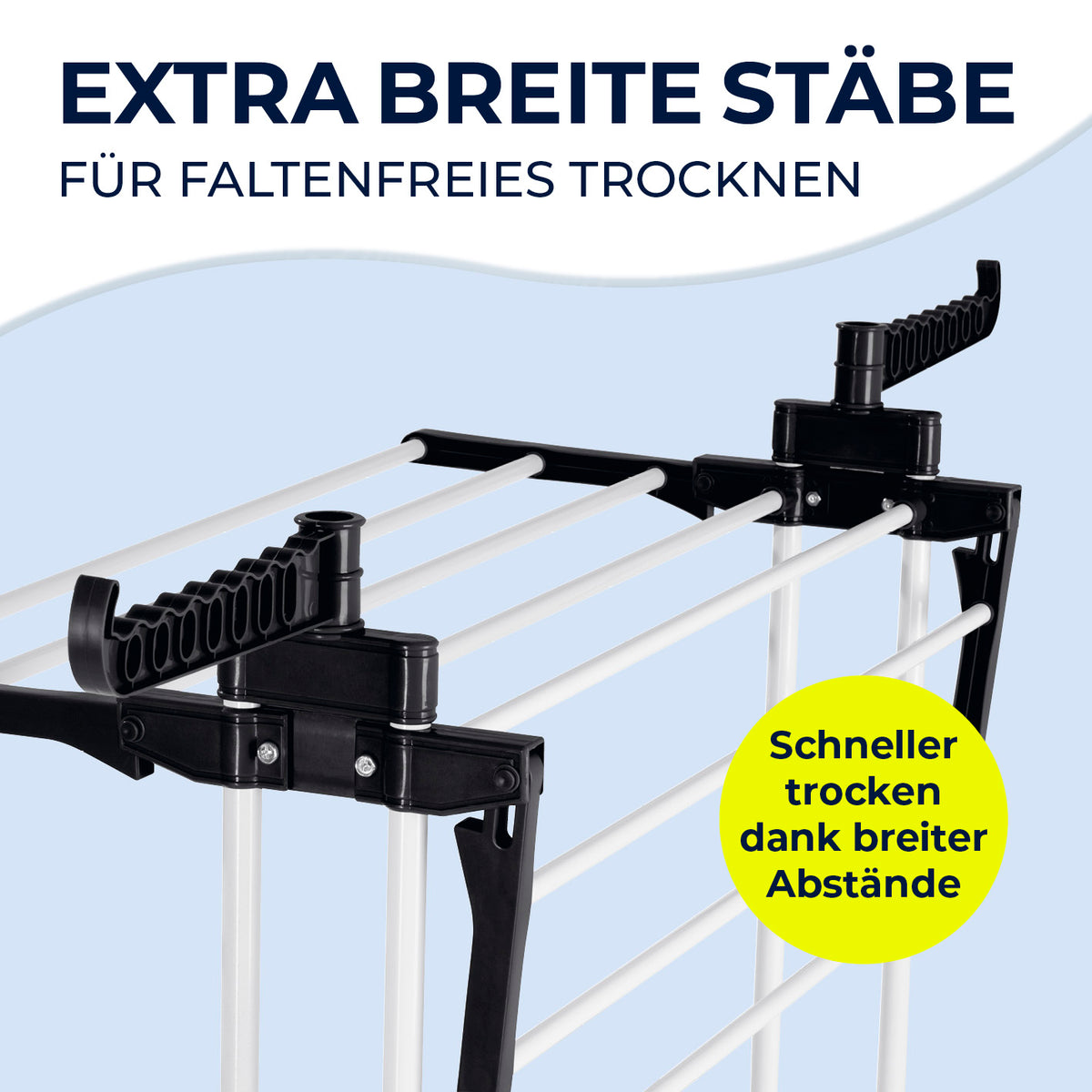 Wäsche-Tower 1600 - Schwarz mit extra breiten Stäben für faltenfreies und schnelles Trocknen der Wäsche dank größerer Abstände.