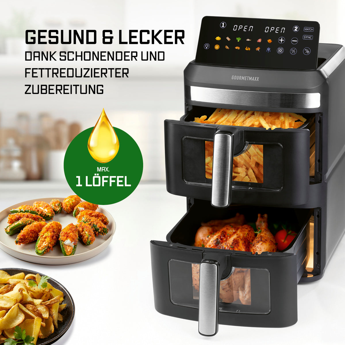 FryUp XL Vertikale Doppelkammer-Heißluftfritteuse mit Sichtfenster 12 L zeigt zwei offene Kammern mit knusprigen Speisen.