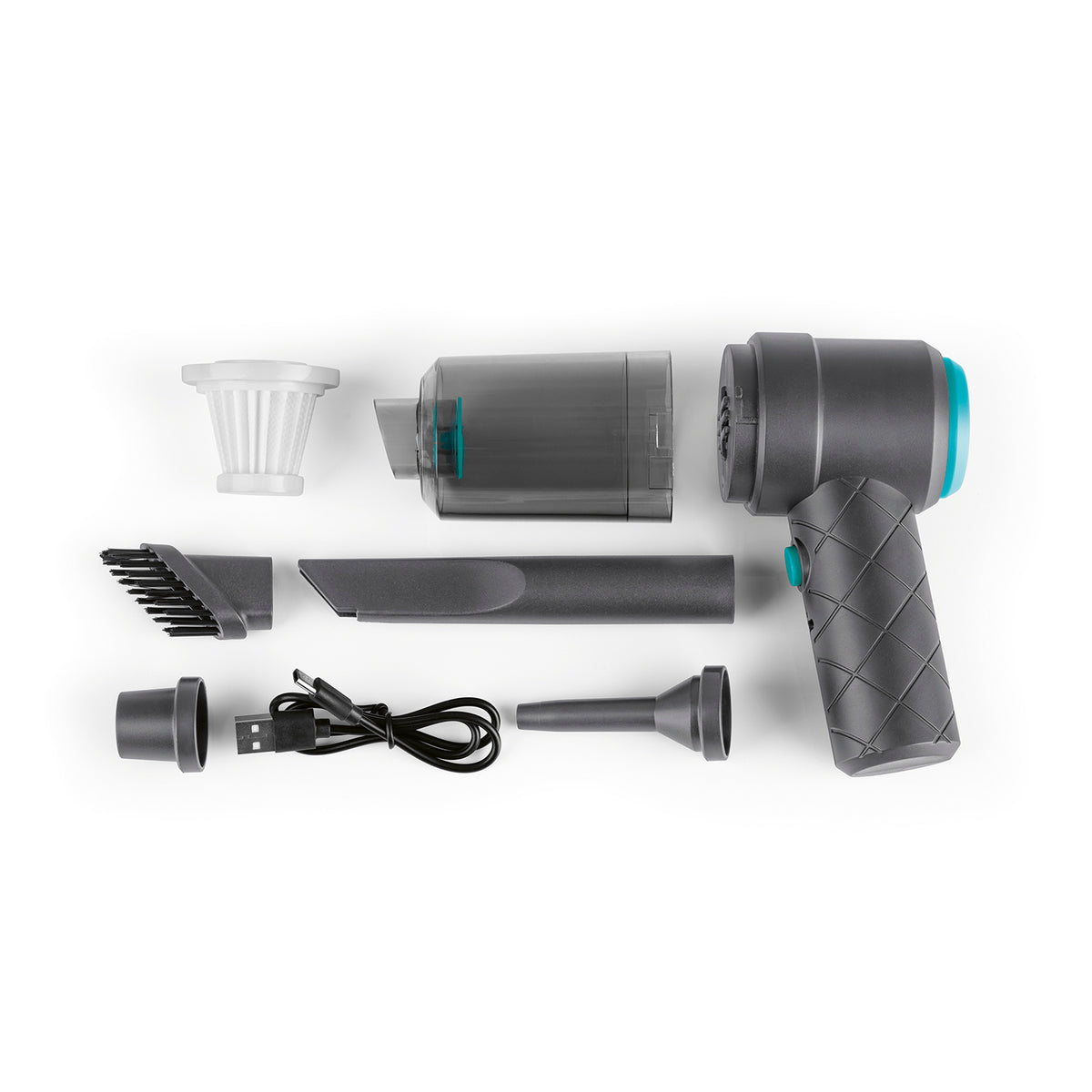 2-in-1-Akkusauger - Grau/Blau mit zerlegtem Gerät mehreren Aufsätzen Filter und USB-Ladekabel