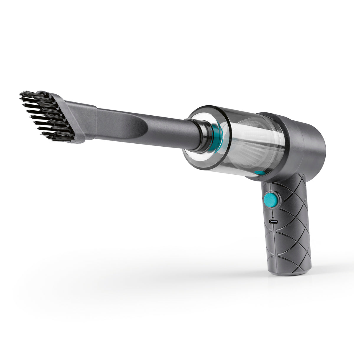 2-in-1-Akkusauger - Grau/Blau mit transparentem Staubbehälter und aufgesetzter Bürstendüse