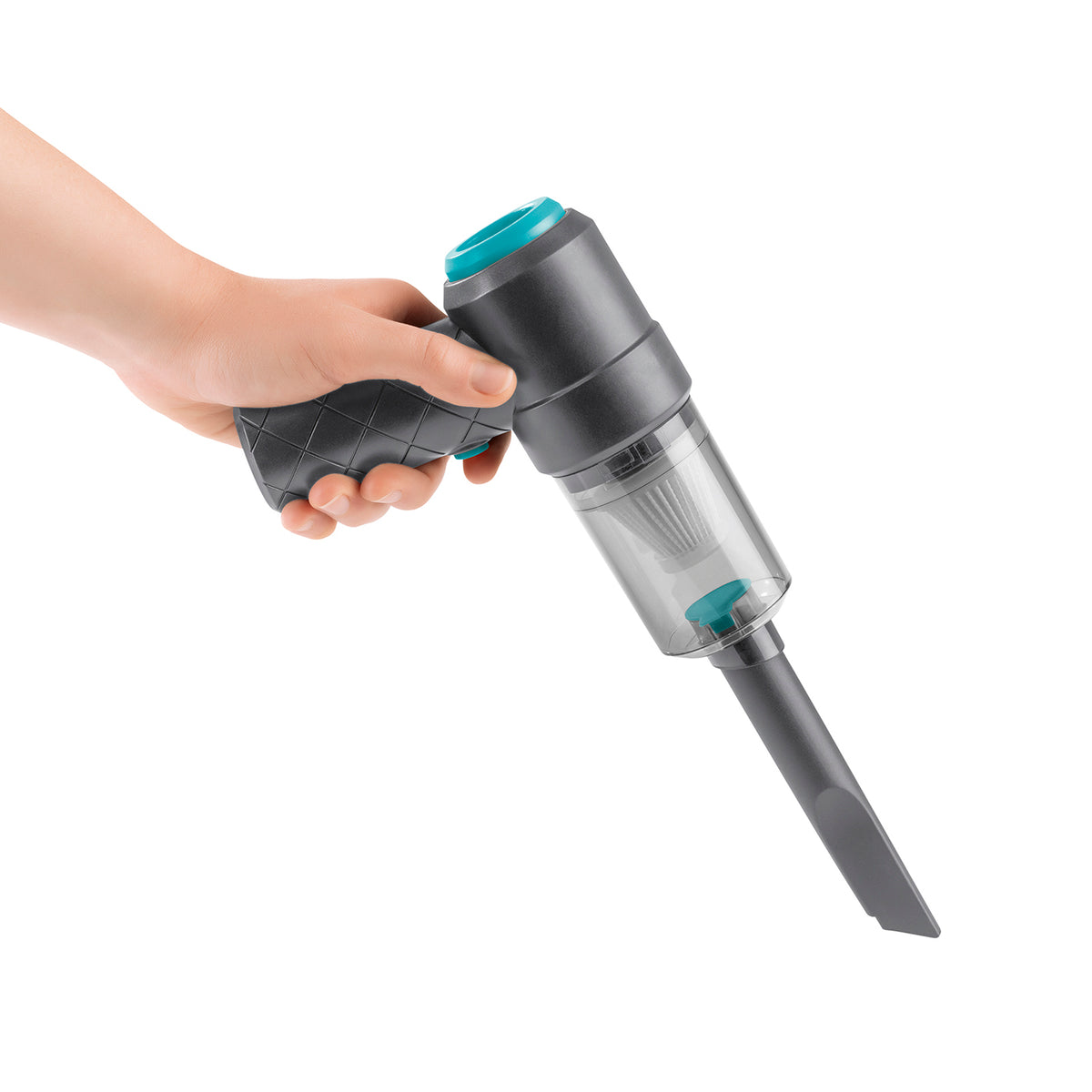 2-in-1-Akkusauger - Grau/Blau in der Hand mit transparentem Staubbehälter und schmaler Düse