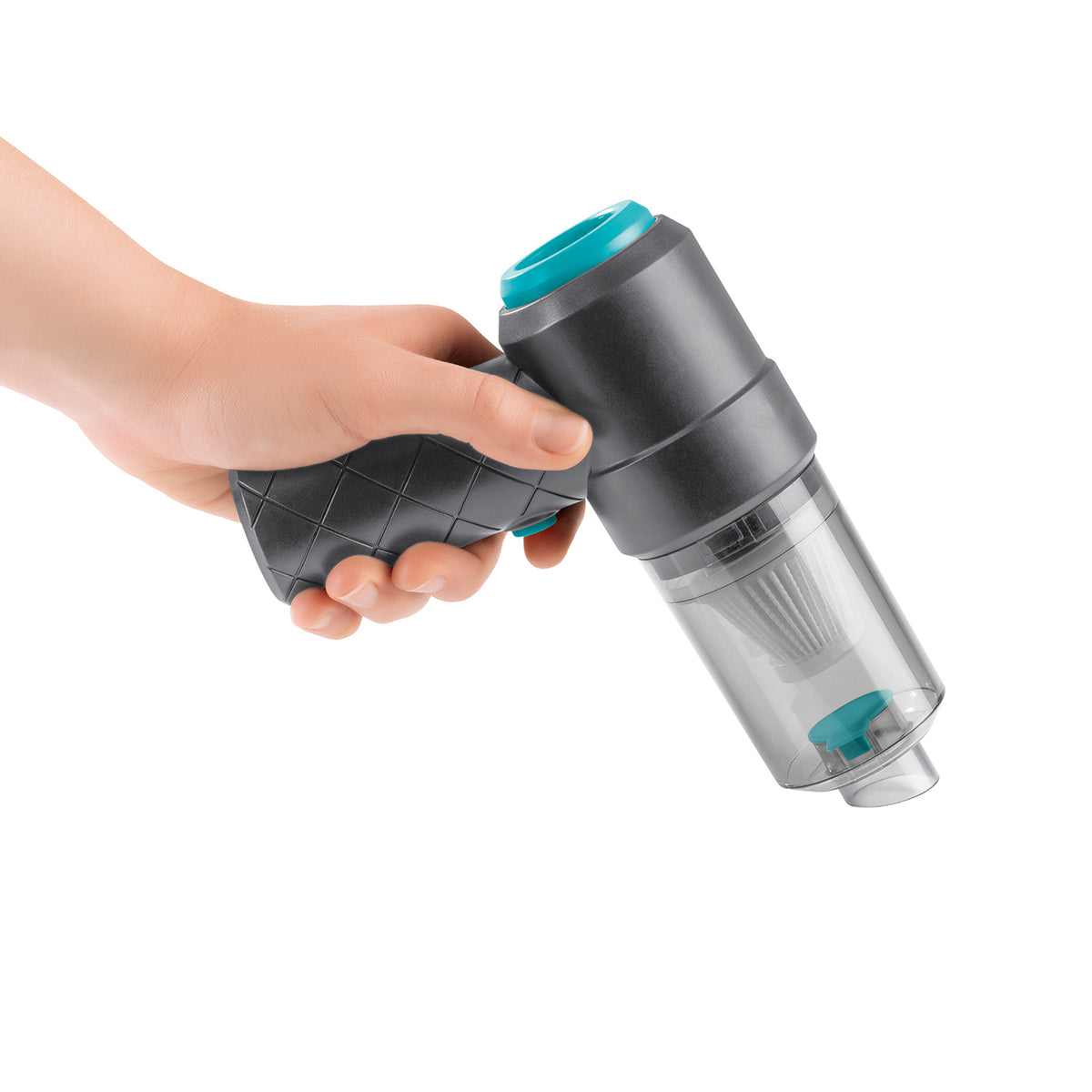 2-in-1-Akkusauger - Grau/Blau in der Hand mit transparentem Staubbehälter und türkisfarbenen Details