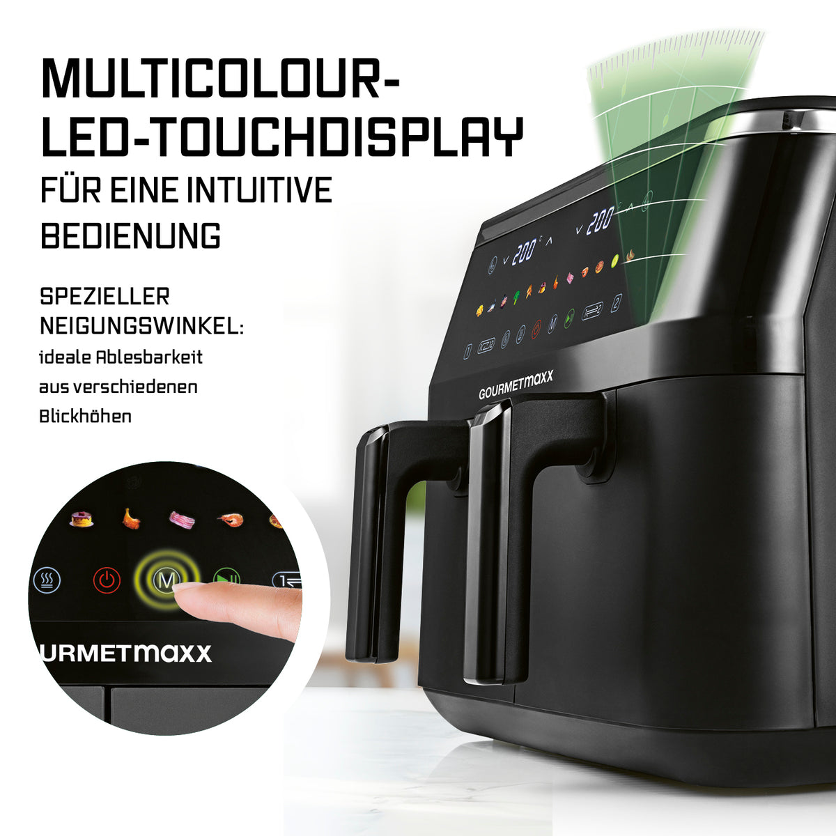Doppelkammer-Heißluftfritteuse - 9 Liter (2 x 4,5 l) mit geneigtem LED-Touchdisplay und intuitiver Bedienung für vielseitiges Garen.