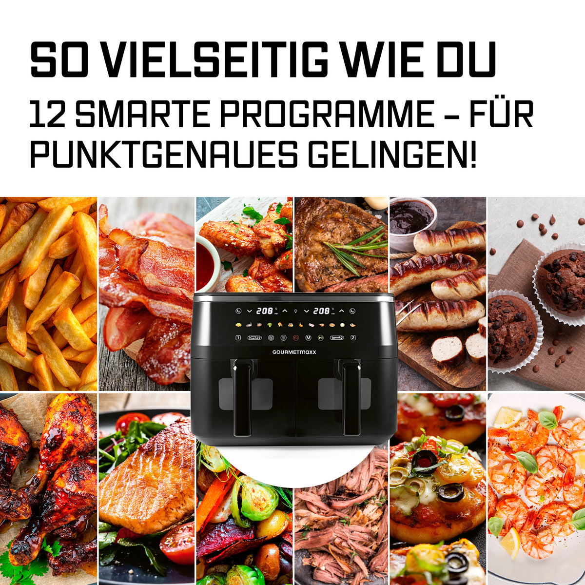 Doppelkammer-Heißluftfritteuse mit Sichtfenstern - 9 Liter (2 x 4,5 l) mit 12 Programmen für vielseitiges Kochen und gleichzeitiges Zubereiten.