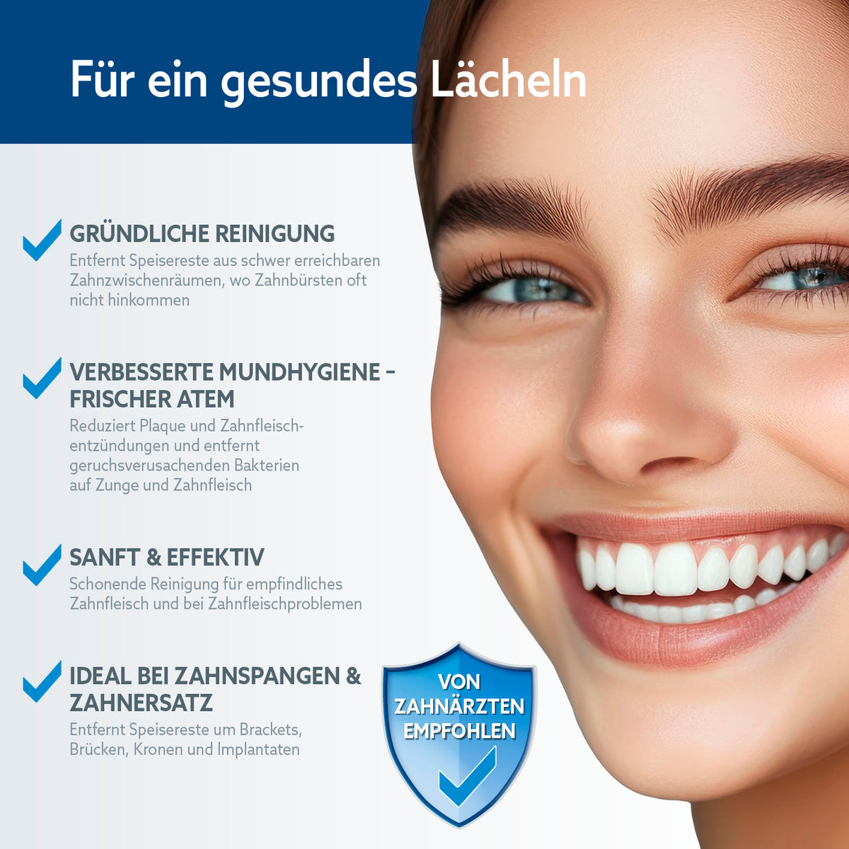 Munddusche mit 8 Multifunktionsaufsätzen für gründliche Reinigung, frischen Atem und optimale Pflege bei Zahnspangen und Zahnersatz.