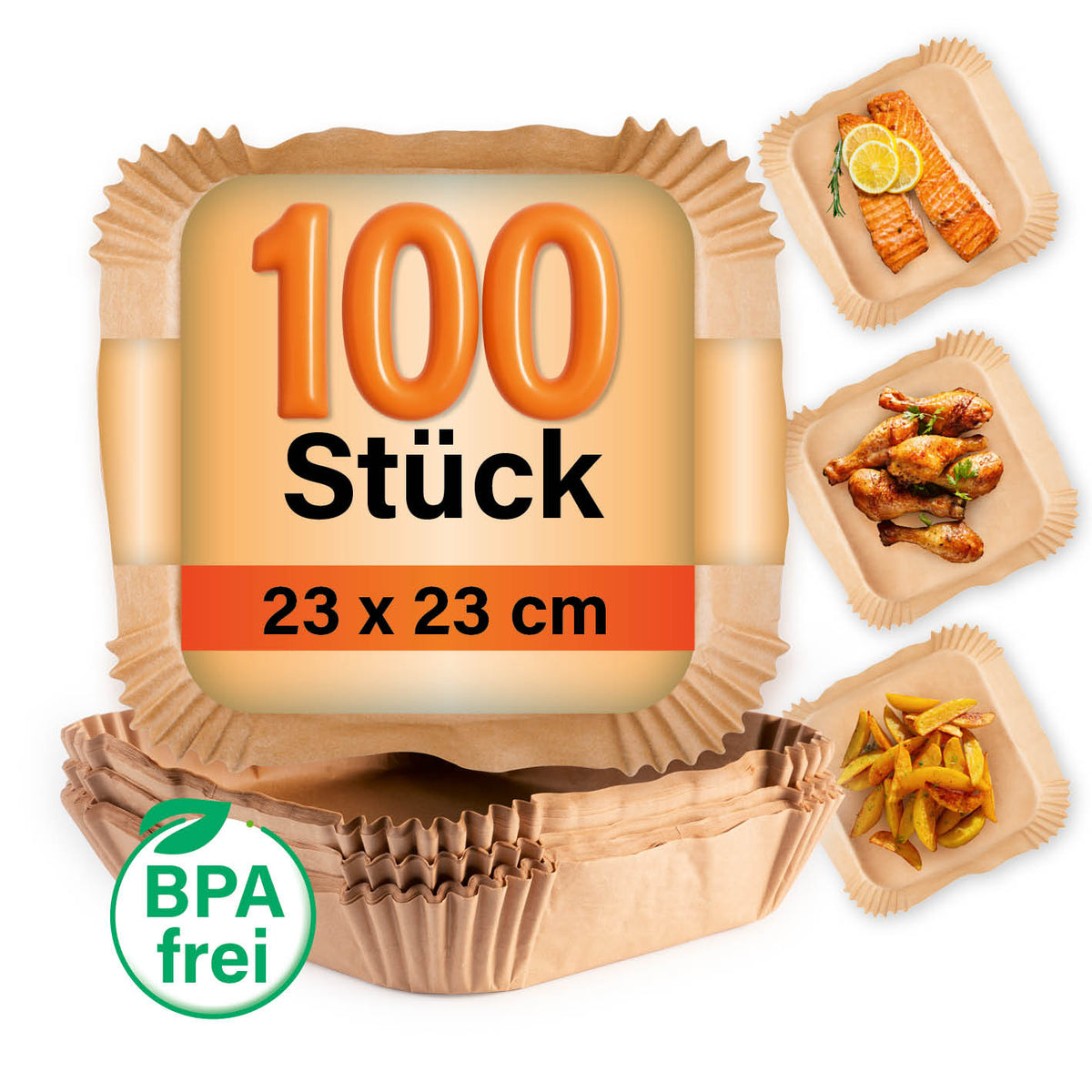 Größenangabe: Backpapierschalen für Heißluftfritteusen (5–8 l) - 100 Stück mit 23 x 23 cm und BPA-frei