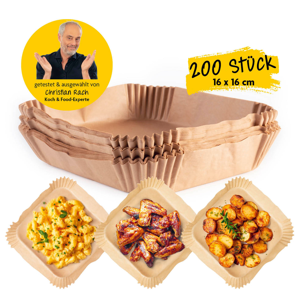 Backpapierschalen für Heißluftfritteuse 2-5 Liter - 200 Stück – 16 x 16 x 4,5 cm mit Speisenbeispielen