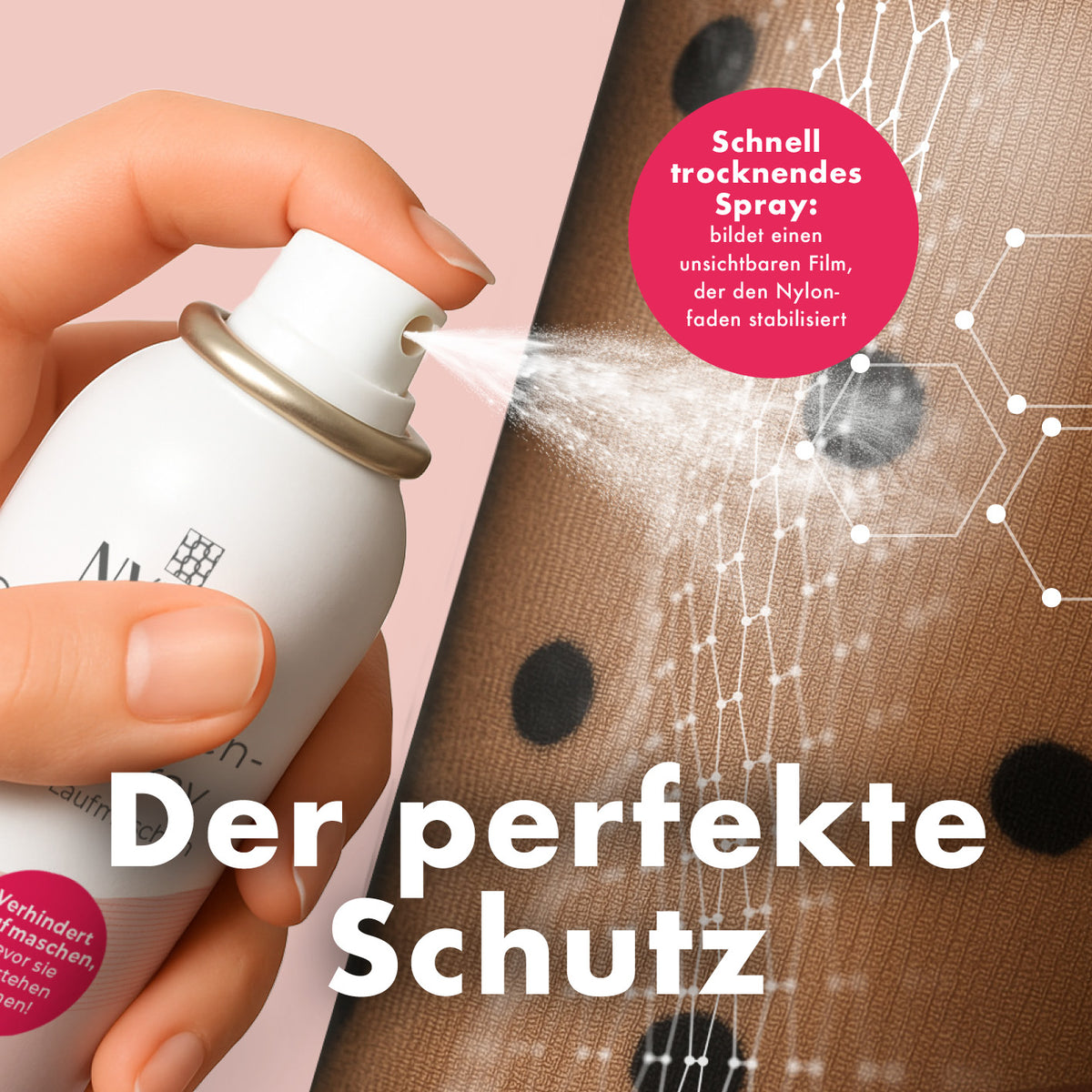 Strumpfhosen Schutzspray – schützt vor Laufmaschen durch schnellen, unsichtbaren Film, der Nylonfasern stabilisiert und Halt verlängert.