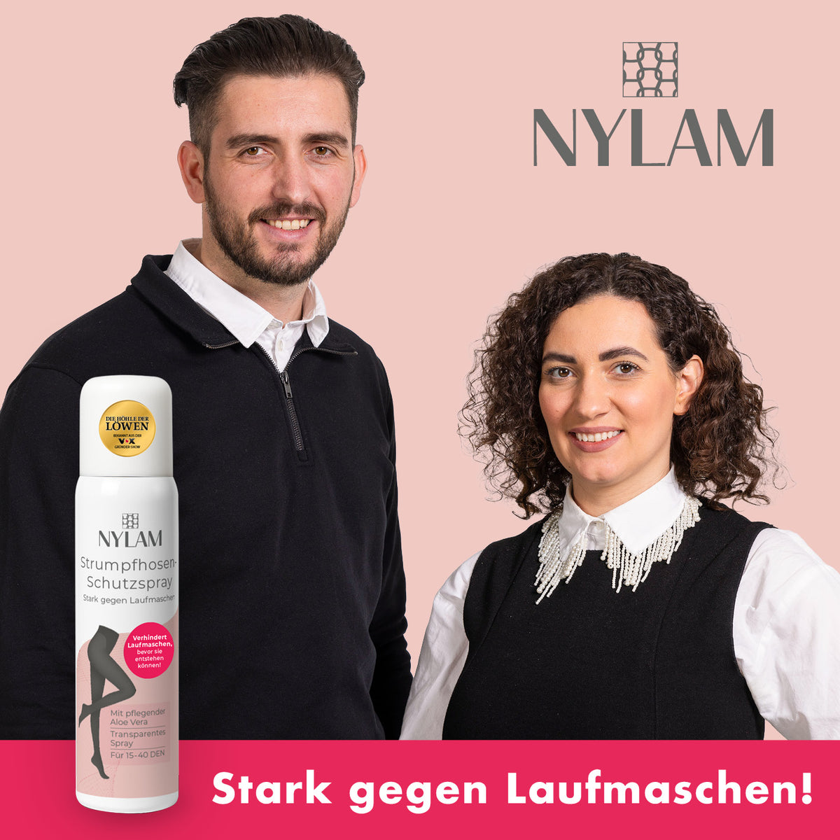 Strumpfhosen Schutzspray – schützt vor Laufmaschen, transparent mit Aloe Vera, gezeigt neben zwei Personen und dem NYLAM Logo, stark gegen Laufmaschen.