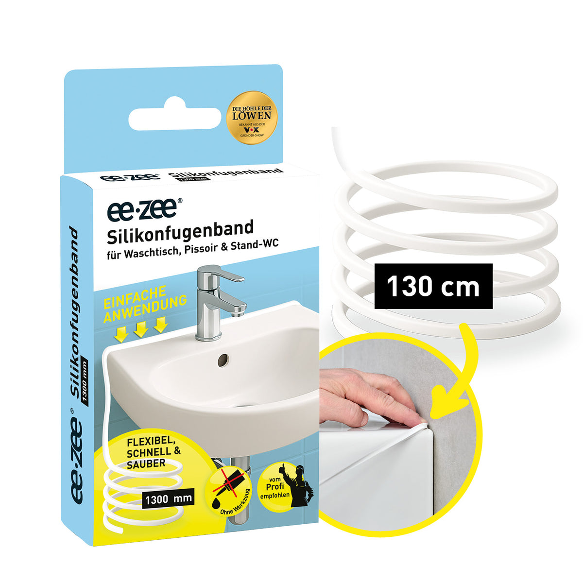eezee Fugenband 130 cm für Waschtisch/Waschbecken mit einfacher Anwendung, flexiblem Silikon und sauberem Übergang in quadratischem Bild.