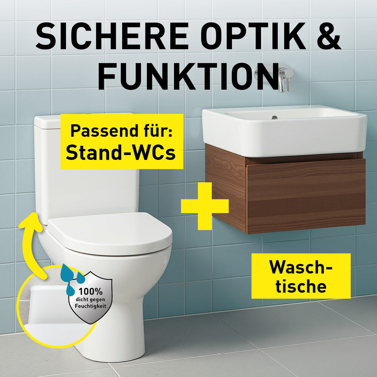 eezee Fugenband 130 cm für Waschtisch/Waschbecken zeigt sicheren Übergang zwischen Stand-WC und Waschbecken in quadratischem Format.