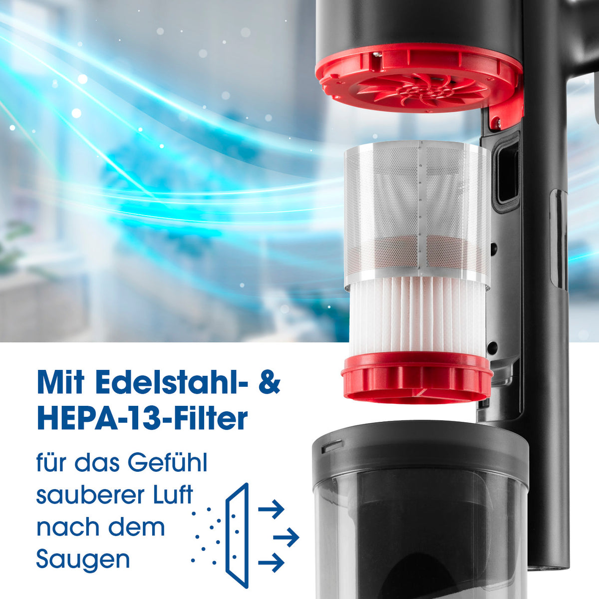 Akku-Zyklon-Staubsauger 22,2V - schwarz/rot mit Edelstahl- und HEPA-13-Filter für saubere Luft beim Staubsaugen