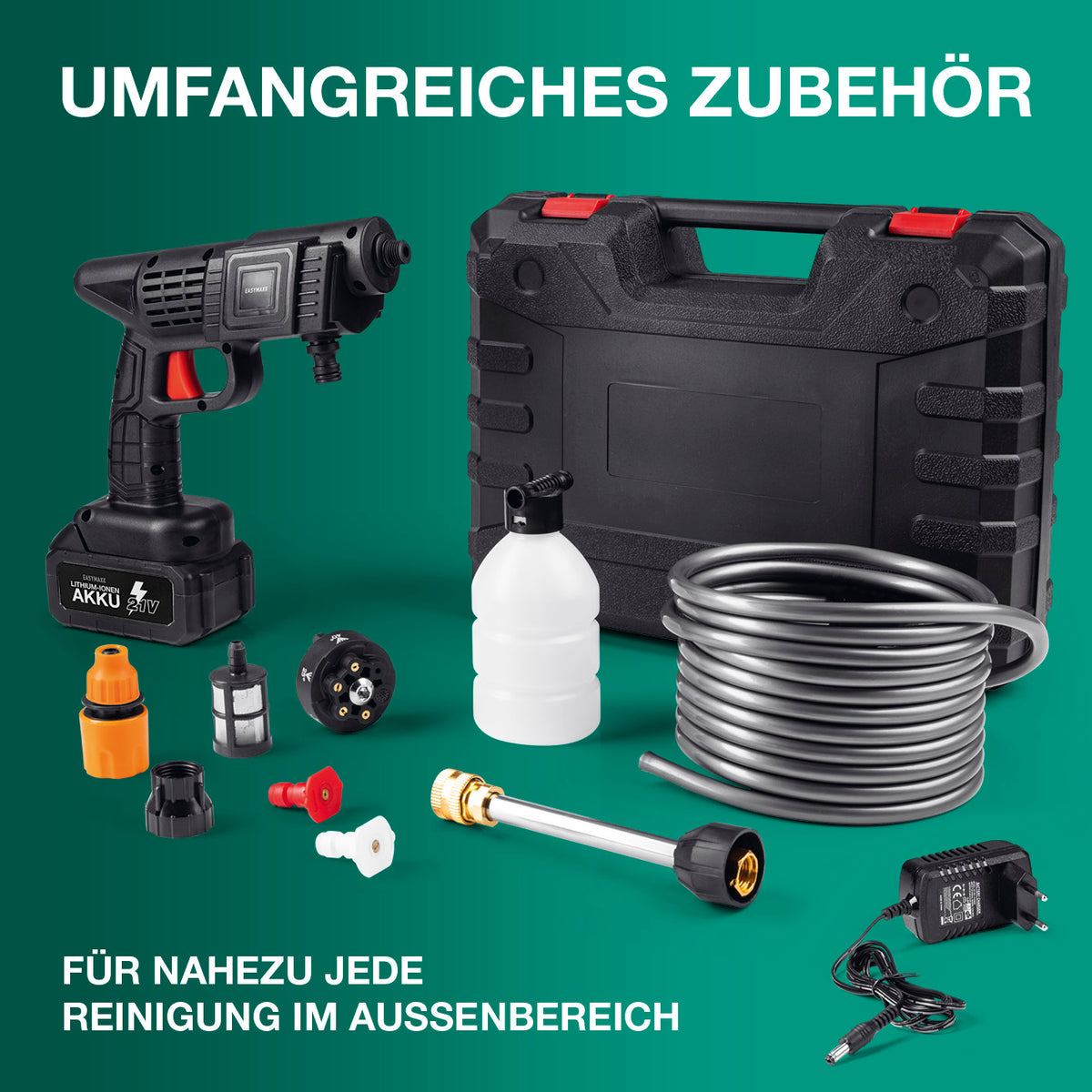Akku-Hochdruckreiniger mit Zubehör, Aufbewahrungskoffer, Schlauch, Düsen und Reinigungsflasche, Galerieposition 7 quadratisch 1417x1417px