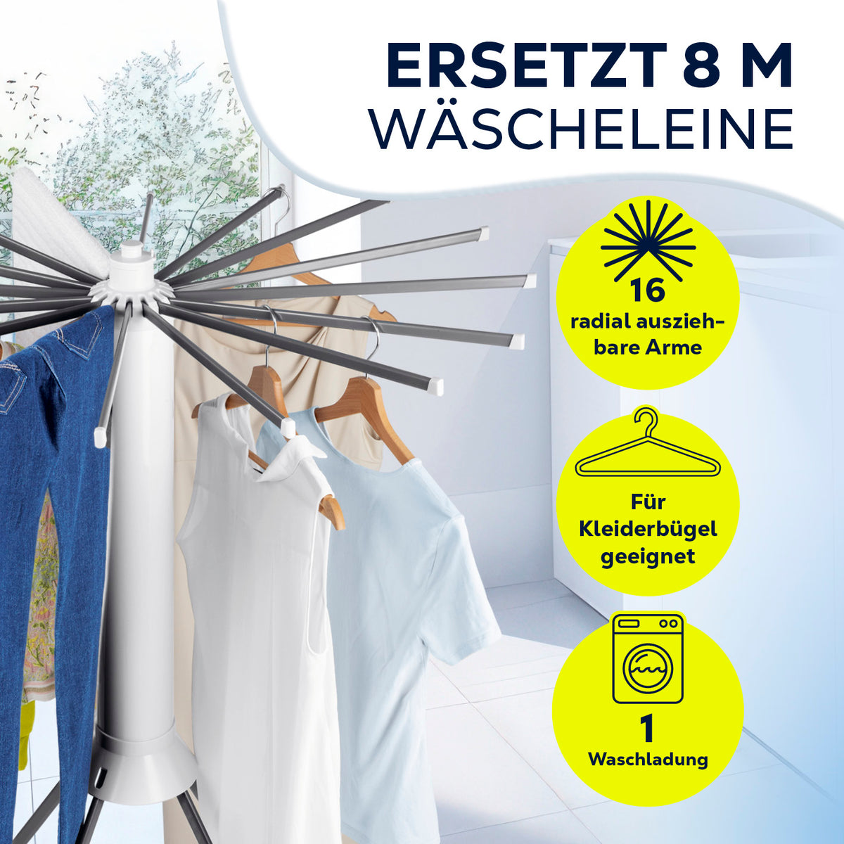 Fächer-Wäscheständer 800 mit 16 ausziehbaren Armen, ideal für Kleiderbügel und ersetzt 8 Meter Wäscheleine bei einer Waschladung.