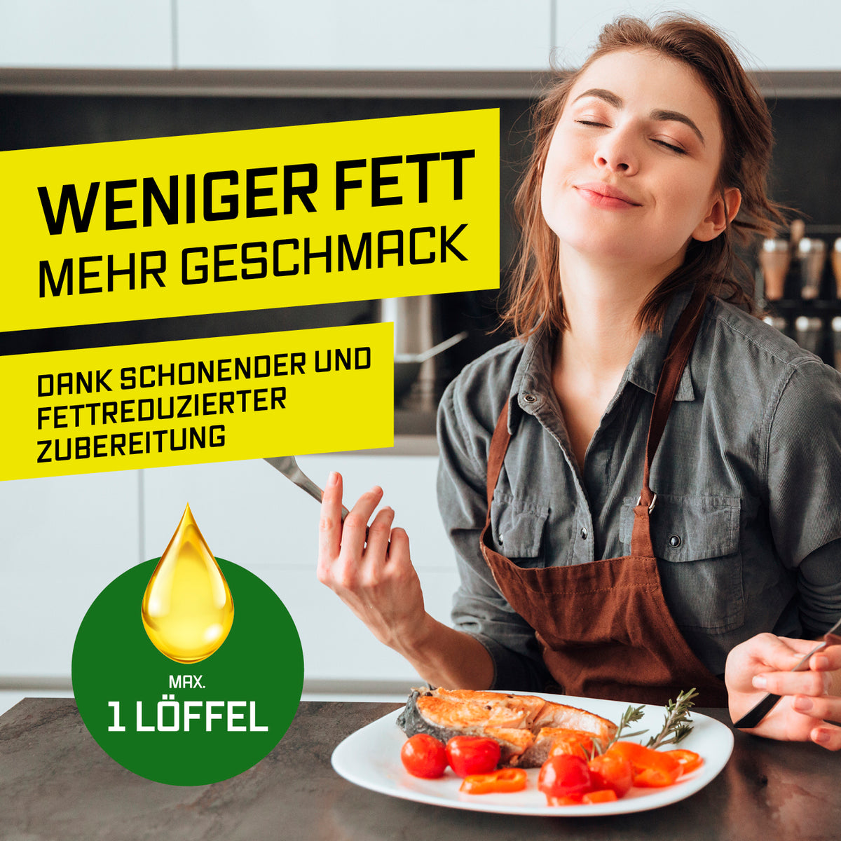Heißluftfritteuse mit Panoramadach und Frontfenster - 7 l, Bild 8, zeigt fettarme Zubereitung und genussvolles Essen.