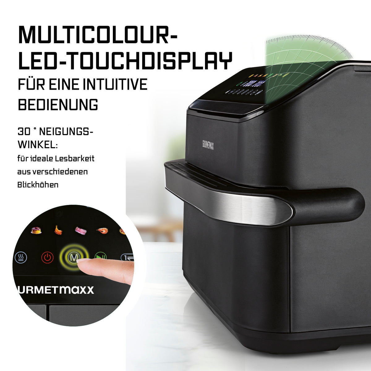 Vario-Kammer-Heißluftfritteuse - 10 Liter (2 x 5 Liter) mit Multicolour-LED-Touchdisplay und 30 Grad Neigungswinkel