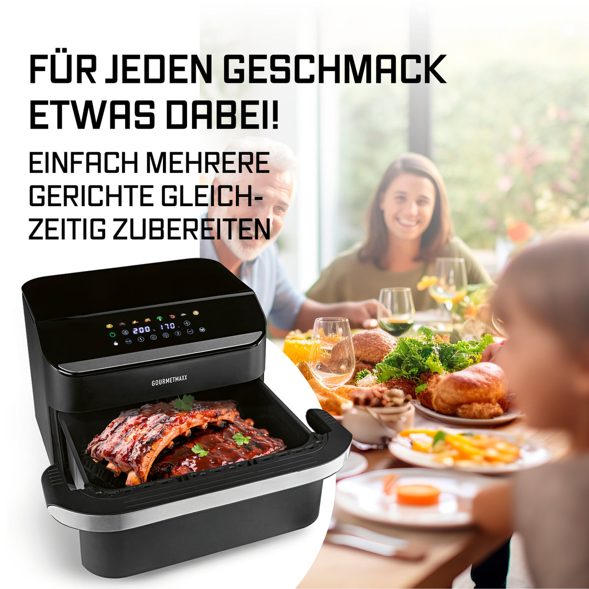 Vario-Kammer-Heißluftfritteuse - 10 Liter (2 x 5 Liter) mit Grillgut und Beilagen