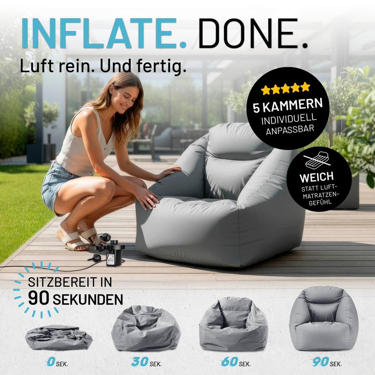 Frau bläst CrozyAir Luftsessel - 87 x 95 x 80/35 cm - Grau auf, weicher Sitzsessel mit 5 Kammern, schnell einsatzbereit.