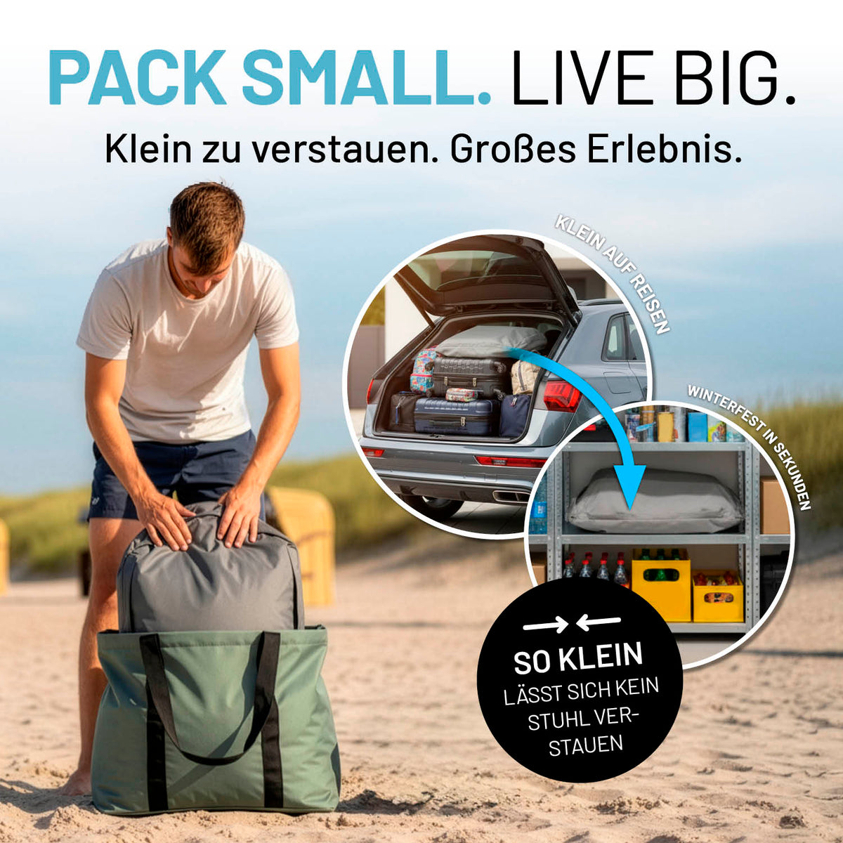 Mann verstaut CrozyAir Luftsessel - 87 x 95 x 80/35 cm - Grau kompakt in Tasche, ideal für Reisen und einfache Lagerung.