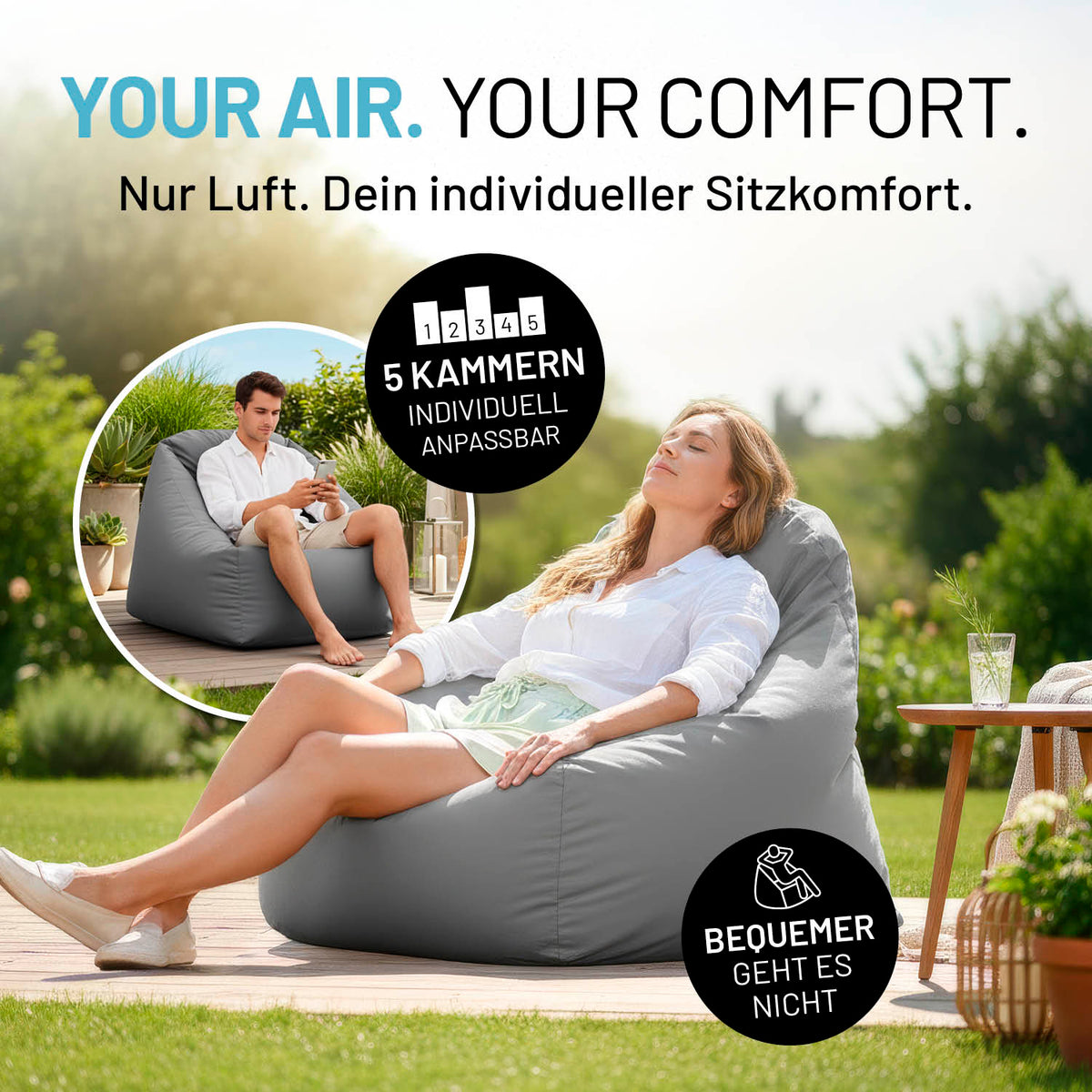 Frau entspannt im CrozyAir Luftsessel - 87 x 95 x 80/35 cm - Grau im Garten bei Sonnenschein mit bequemer Rückenlehne.