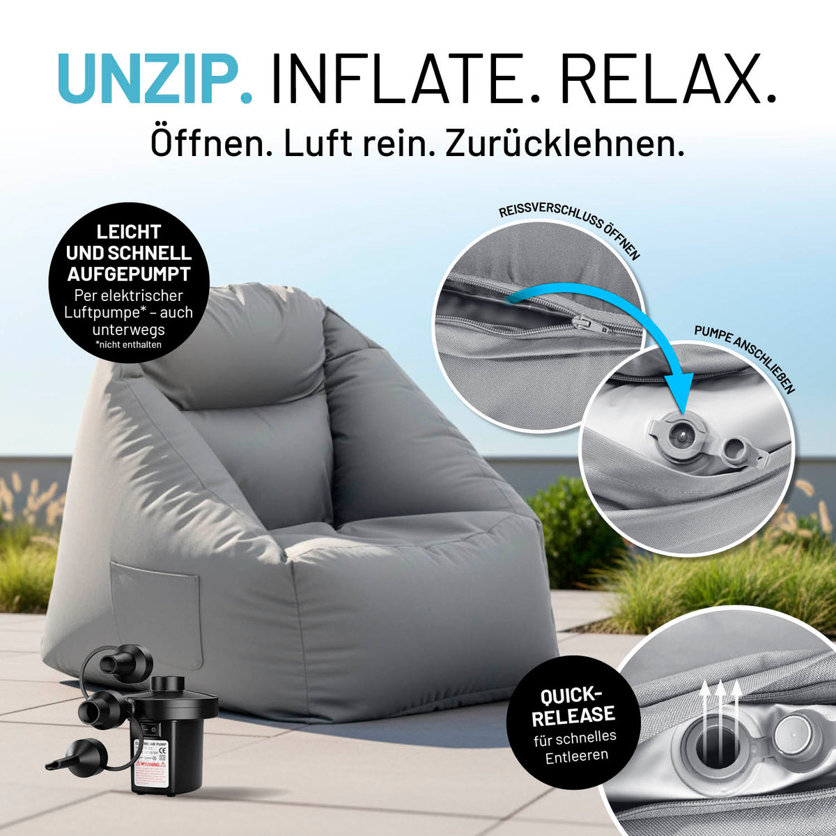 CrozyAir Luftsessel - 87 x 95 x 80/35 cm - Grau aufgeblasen mit Schnellverschluss und elektrischer Luftpumpe draußen auf Terrasse.