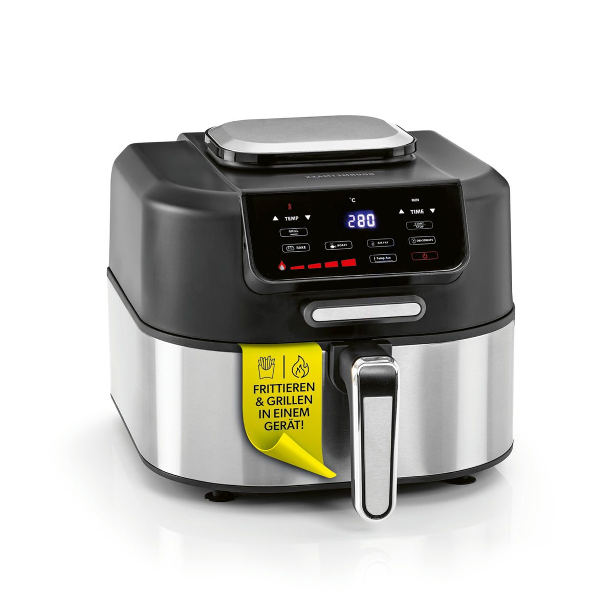 Heißluftfritteuse FryBBQ - 5 Liter mit digitalem Display, Edelstahlgehäuse, frittiert und grillt vielseitig in einem kompakten Gerät.