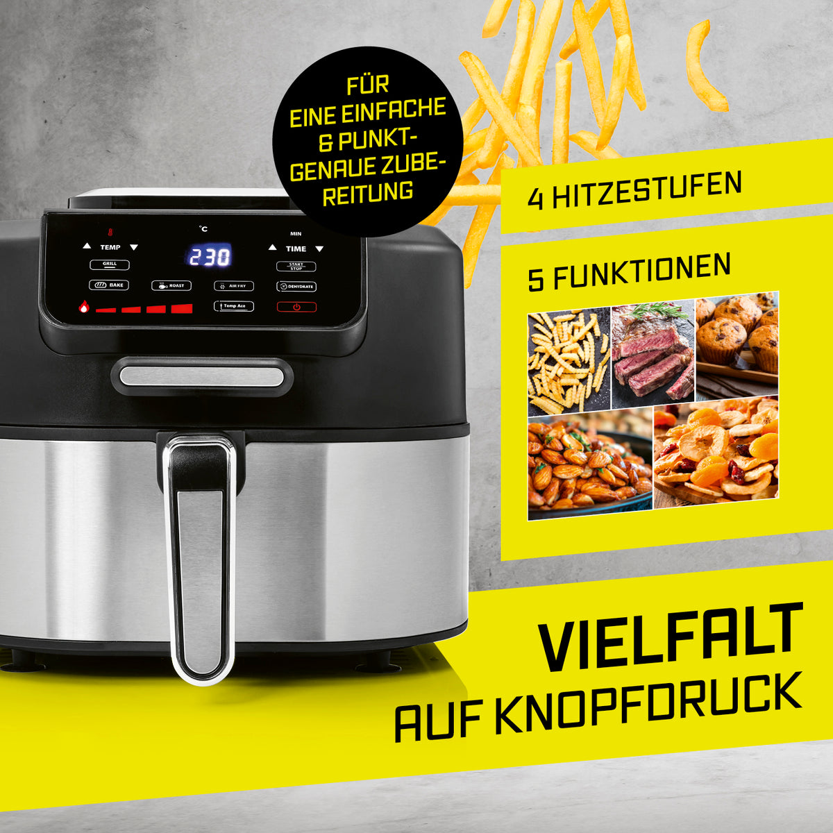 Heißluftfritteuse FryBBQ - 5 Liter mit 4 Hitzestufen und 5 Funktionen für einfaches Frittieren, Grillen, Backen, Dörren und Braten.
