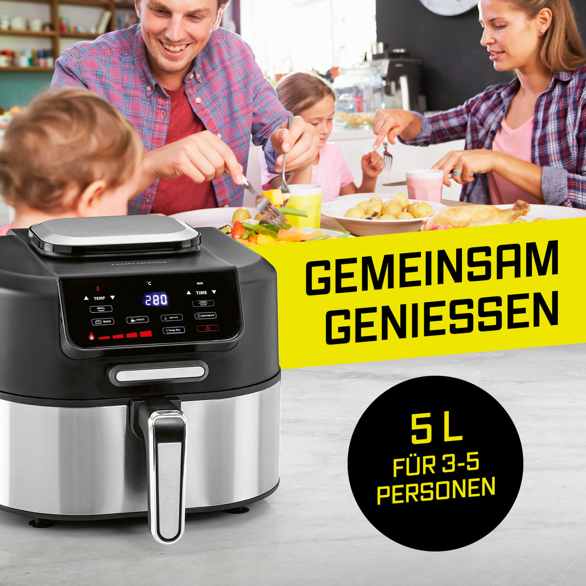 Heißluftfritteuse FryBBQ - 5 Liter mit 5L Fassungsvermögen, ideal für 3-5 Personen, frittieren, grillen und mehr in einem Gerät.