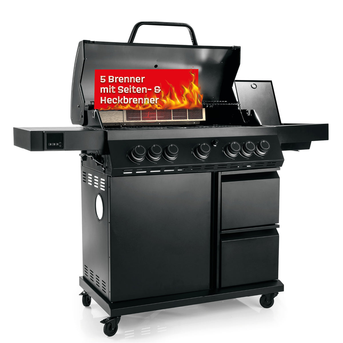 Gasgrill COOL BLACK 5.2 maxX-Zone mit 5 Brennern, Seiten- und Heckbrenner, großem Grillrost und praktischem Stauraum.