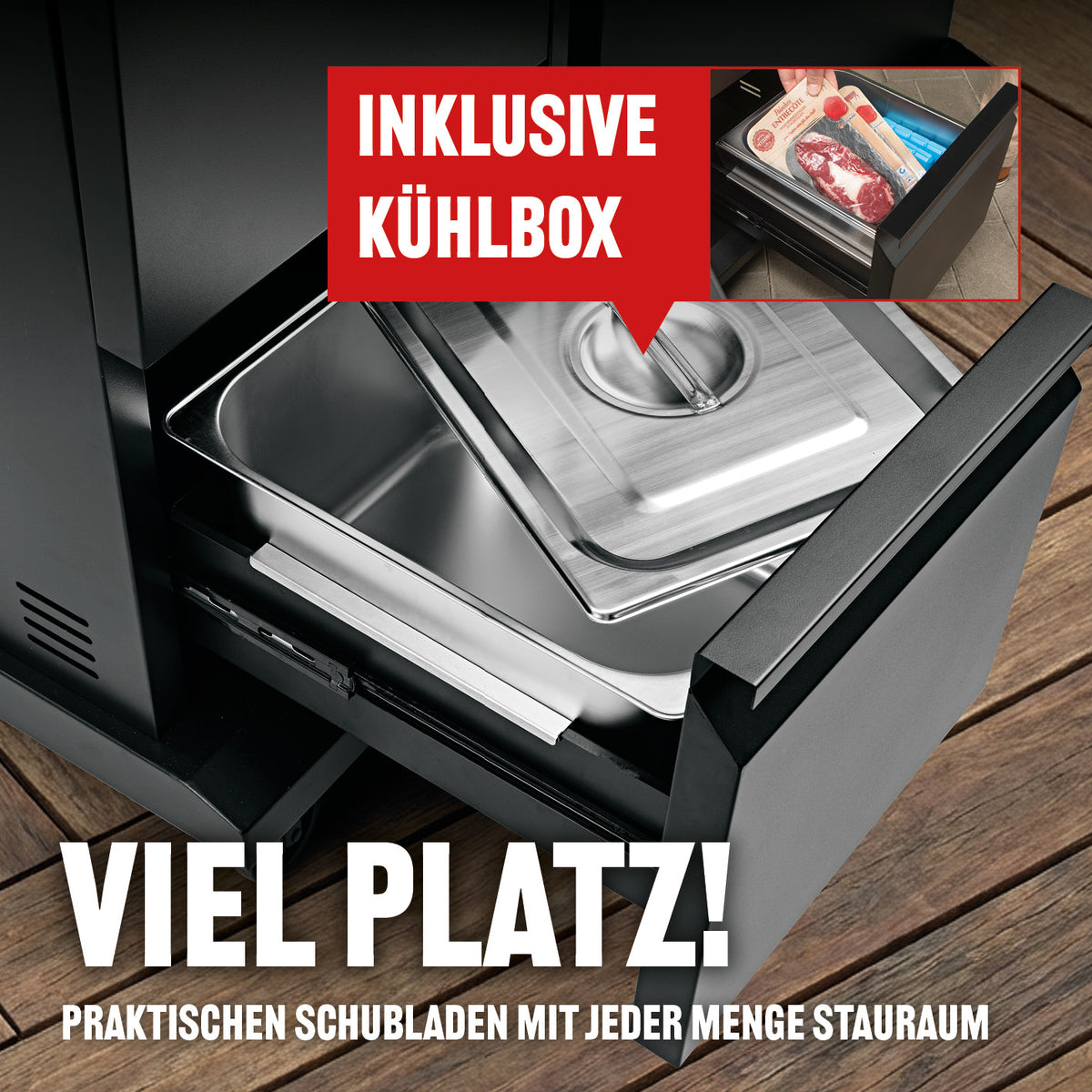 Gasgrill COOL BLACK 5.2 maxX-Zone mit praktischem Schubfach inklusive Kühlbox für viel Stauraum und Komfort beim Grillen im Garten.