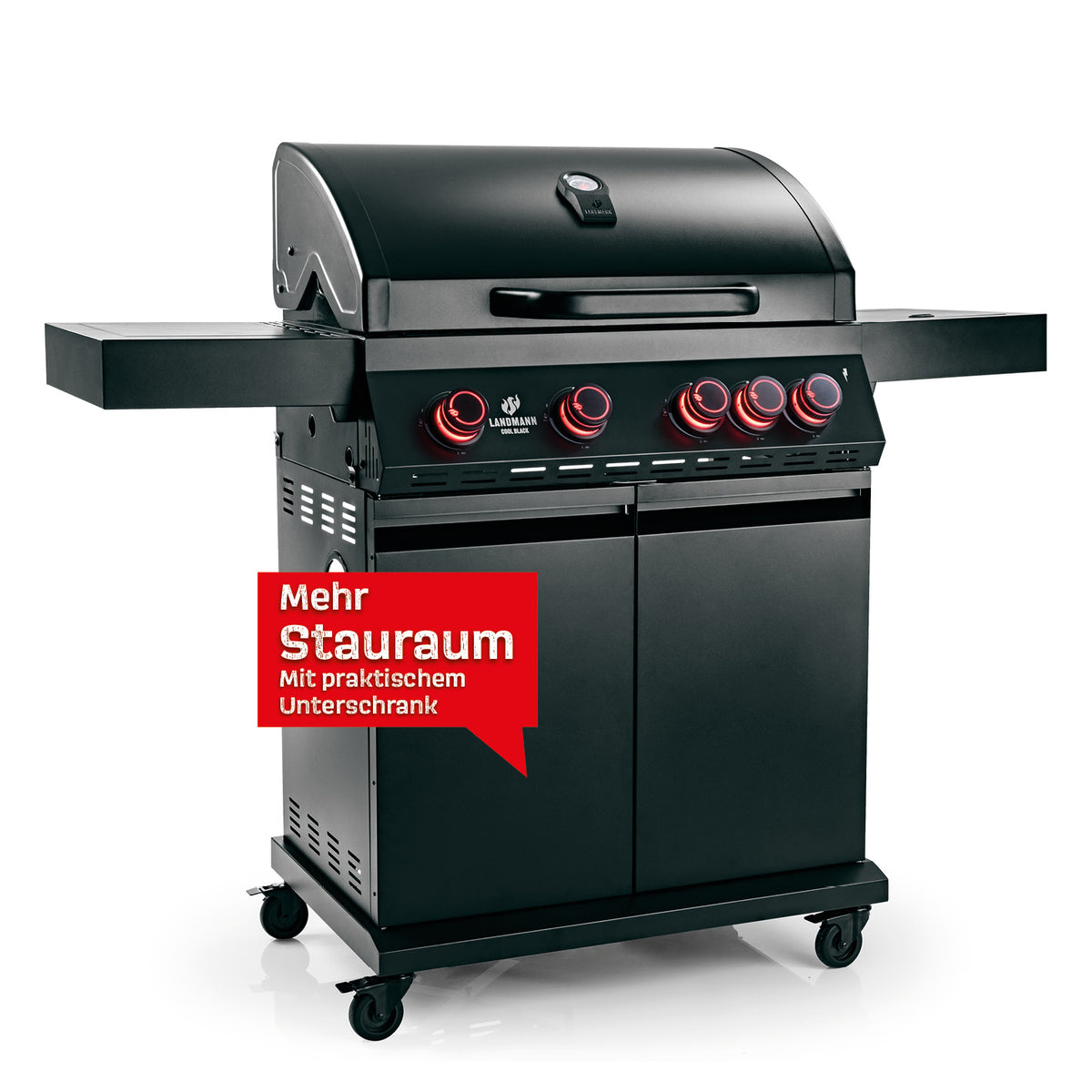 Gasgrill COOL BLACK 4.1 – 4 Brenner + Seitenbrenner mit großem Stauraum und praktischem Unterschrank in schwarzem Design.
