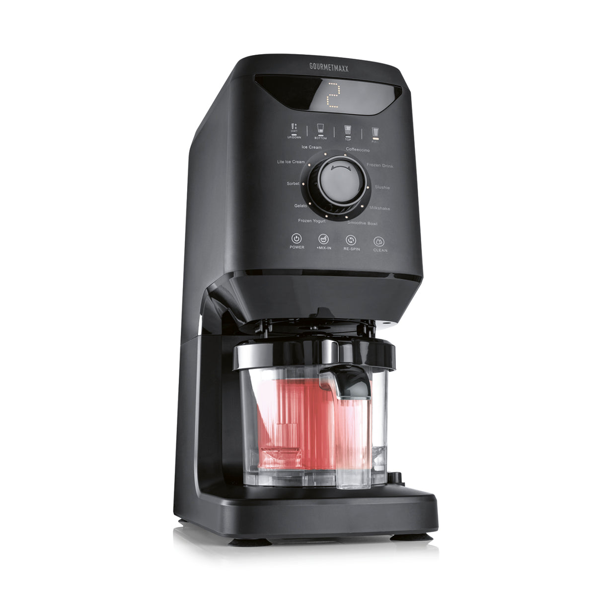 Eismaschine SmoothUp in Schwarz mit digitalem Display und Mix-in-Funktion für kreative Drinks und Desserts