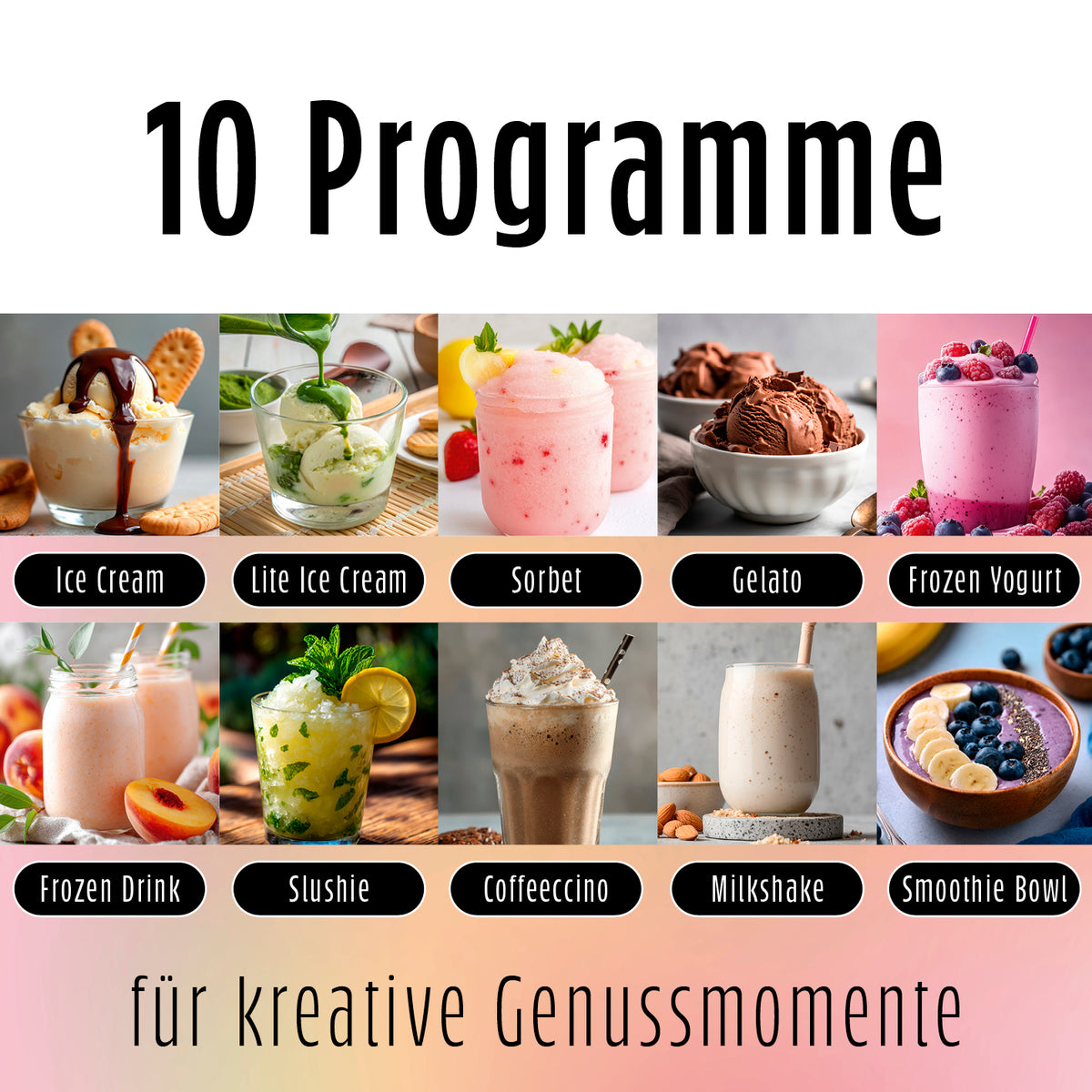 Eismaschine SmoothUp mit 10 Programmen für Eis, Sorbet, Frozen Yogurt, Shakes und kreative Genussmomente für bis zu 10 Personen.