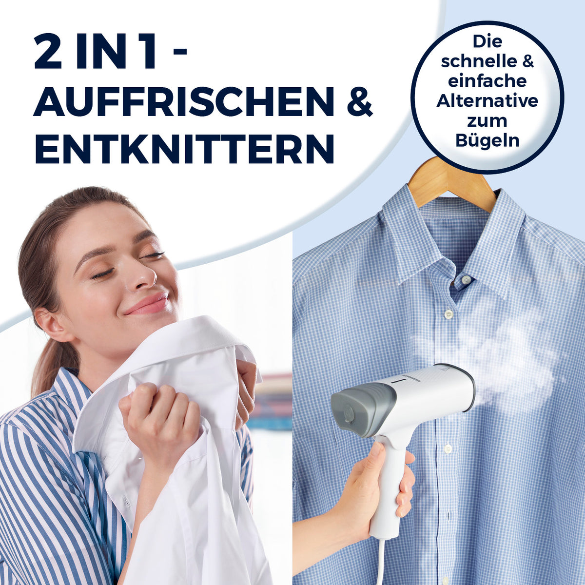 2in1-Dampfbürste zeigt Dampfglättung eines Hemdes in Galerieposition 2, quadratisch 1417x1417 Pixel.