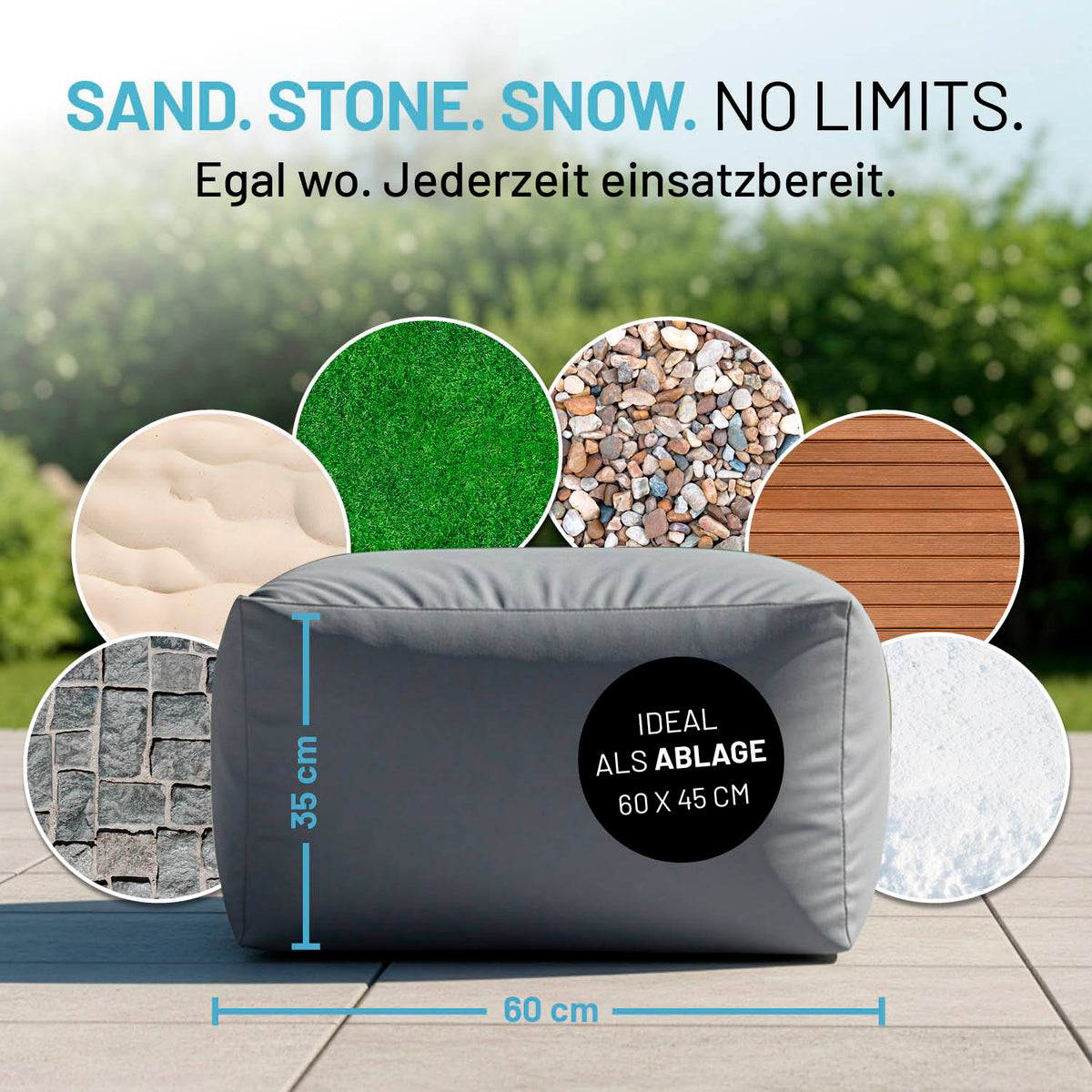 CrozyAir Lufthocker - 60 x 45 x 35 cm - Grau als vielseitiger Outdoor-Hocker ideal für Sand, Stein, Schnee und jede Umgebung.