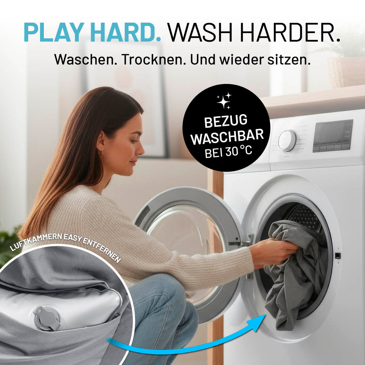 Frau lädt Bezug des CrozyAir Lufthocker - 60 x 45 x 35 cm - Grau in Waschmaschine, Bezug bei 30 °C waschbar.