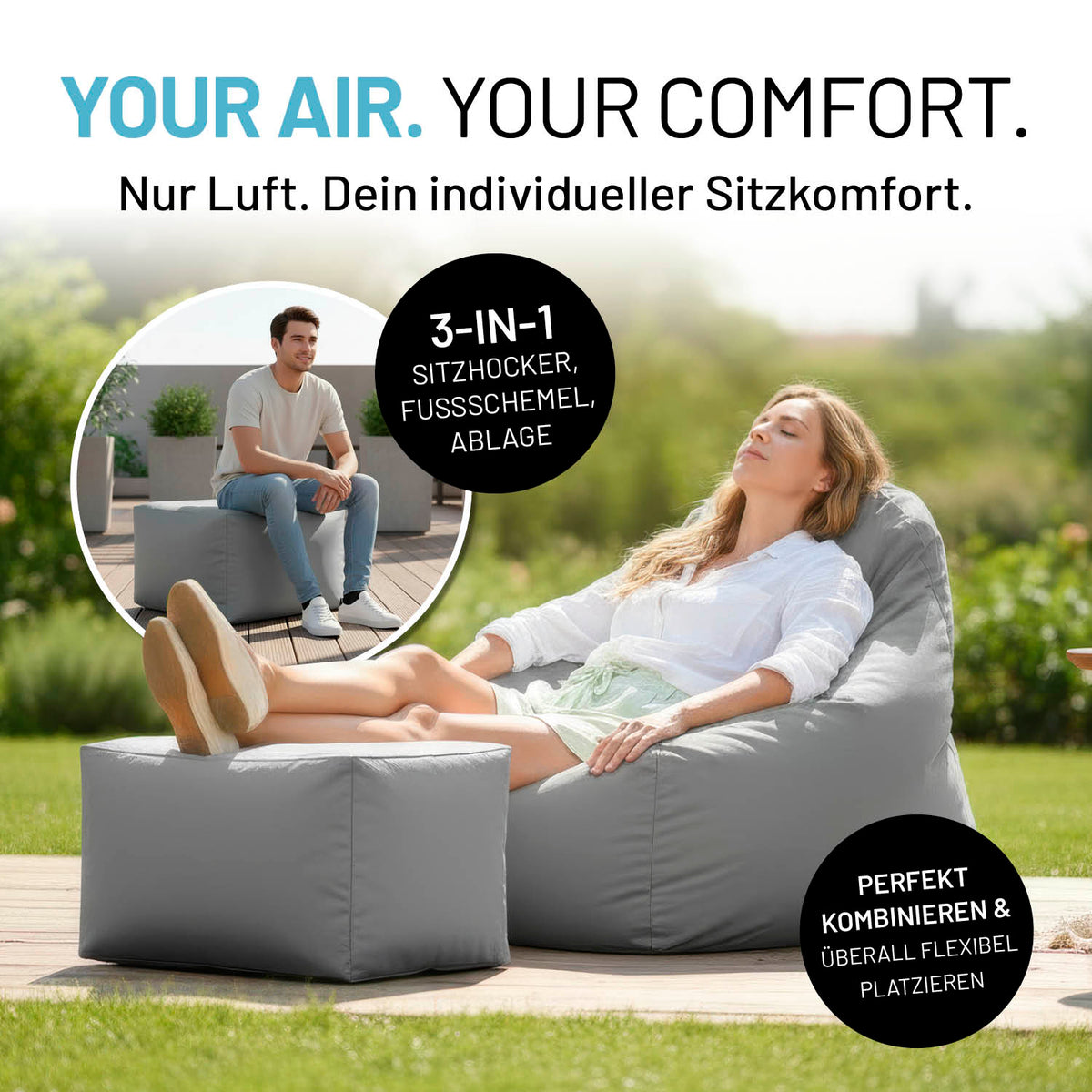 CrozyAir Lufthocker - 60 x 45 x 35 cm - Grau als Sitzhocker und Fußschemel für flexiblen Outdoor-Komfort.