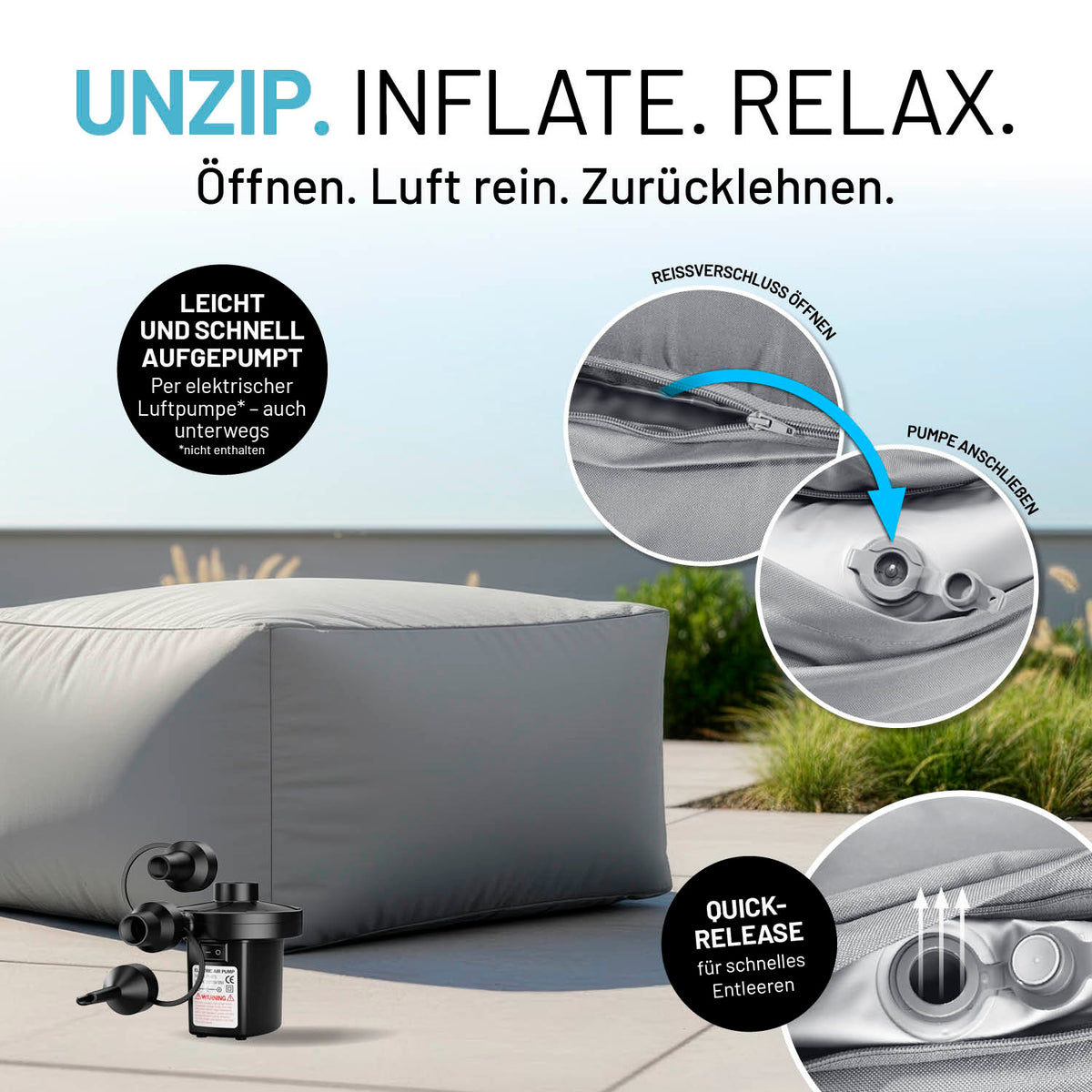 CrozyAir Lufthocker - 60 x 45 x 35 cm - Grau, aufblasbar mit Reißverschluss und Pumpenanschluss für einfaches Befüllen und Entleeren.