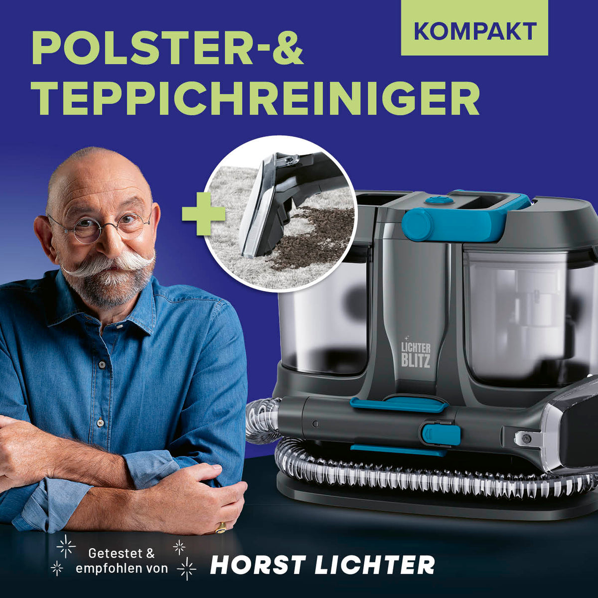 Waschsauger & Polsterreiniger Gerät kompakt im quadratischen Bild mit Empfehlung von Horst Lichter, Galerieposition 2.