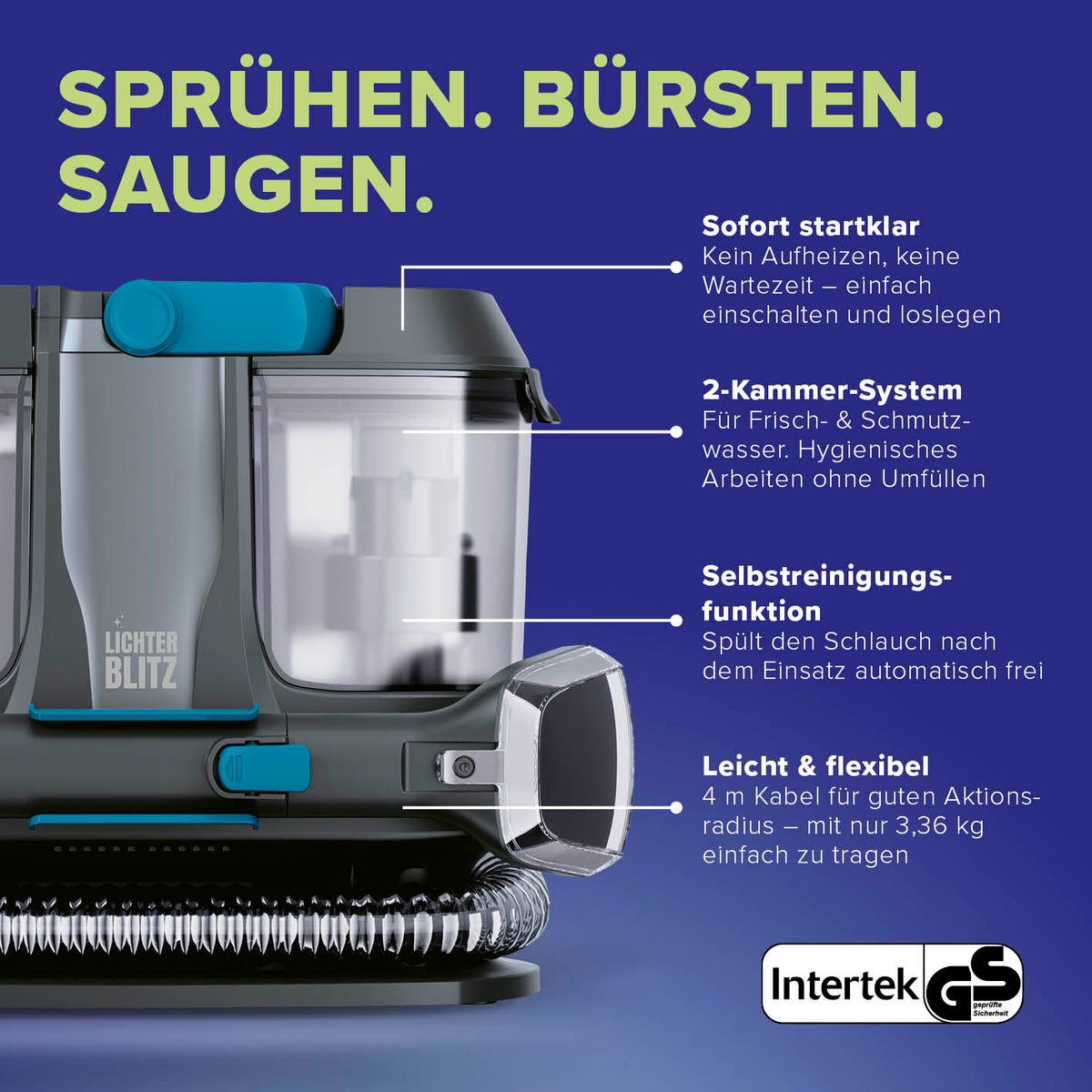 Waschsauger & Polsterreiniger Gerät quadratische Nahaufnahme mit Fokus auf Sprüh- und Bürstfunktion Gallery Position 4