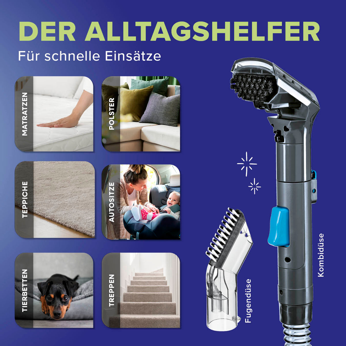 Waschsauger & Polsterreiniger Gerät in Galerieposition 5 quadratisch 1417x1417 mit Bürstenaufsätzen für vielseitige Reinigung