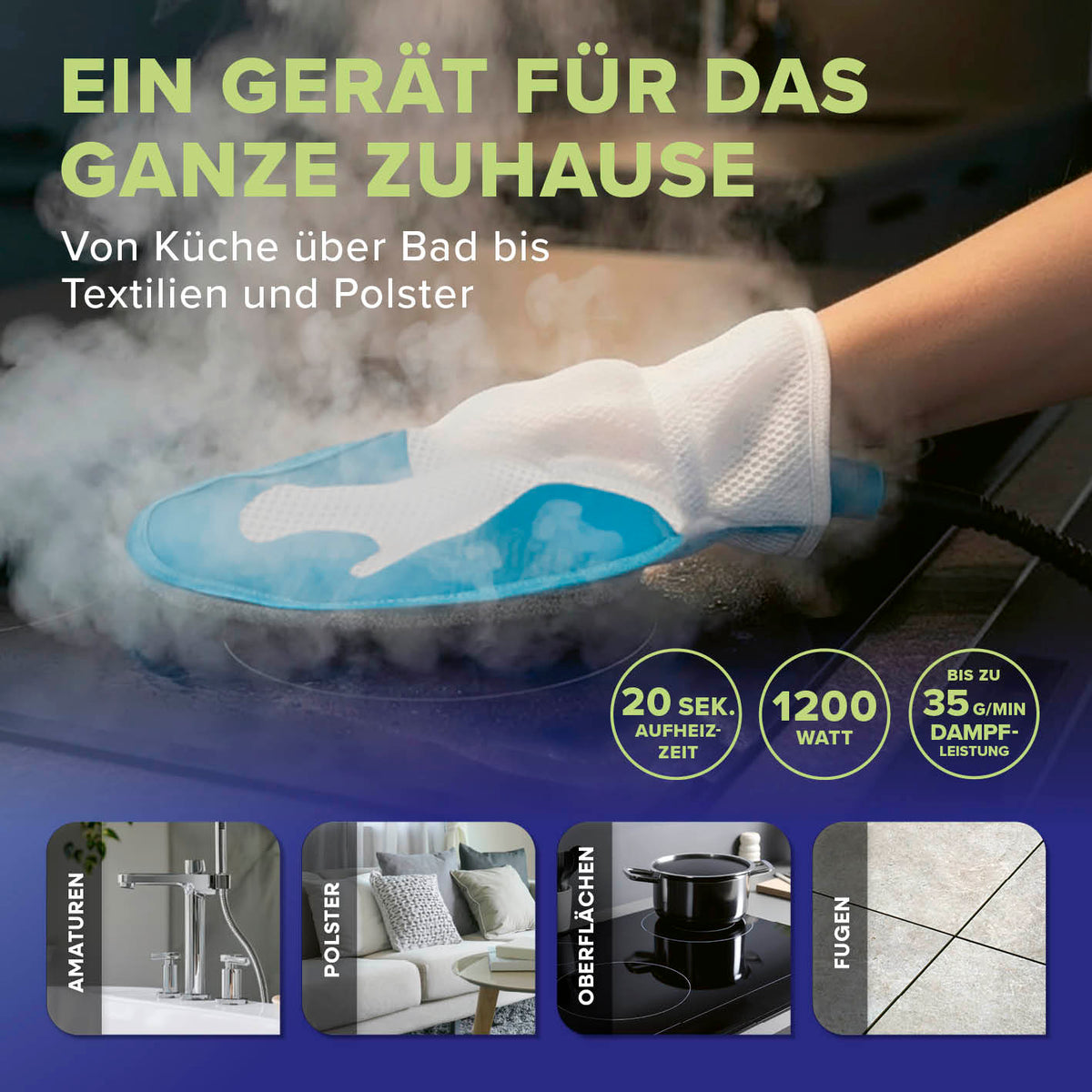 Handdampfreiniger in Nutzung mit Handschuh, Dampf zur Reinigung von Armaturen, Polstern, Oberflächen und Fugen im Zuhause.