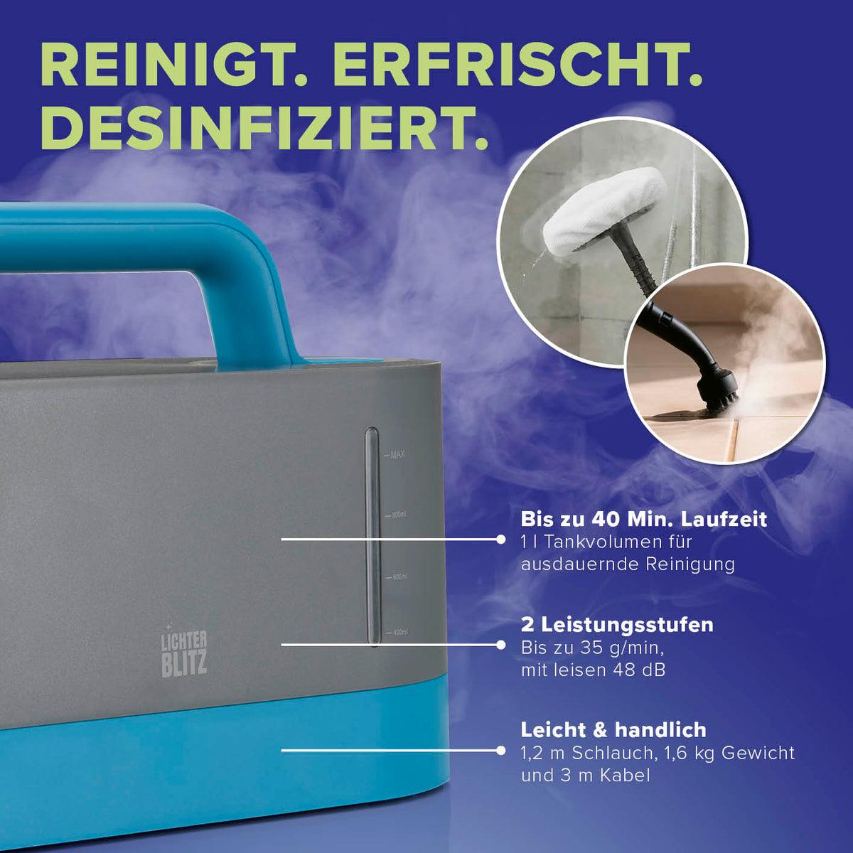 Handdampfreiniger mit bis zu 40 Min. Laufzeit, 2 Leistungsstufen und praktischem Zubehör für effektive Reinigung und Desinfektion.