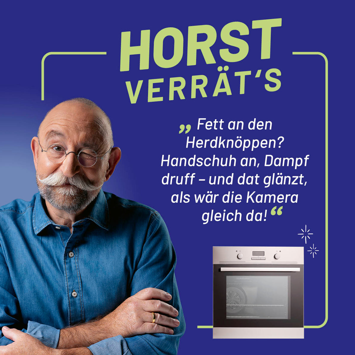 Handdampfreiniger zeigt effektive Reinigung von Fett an Herdknöpfen mit Dampf und Handschuhen für strahlende Sauberkeit.