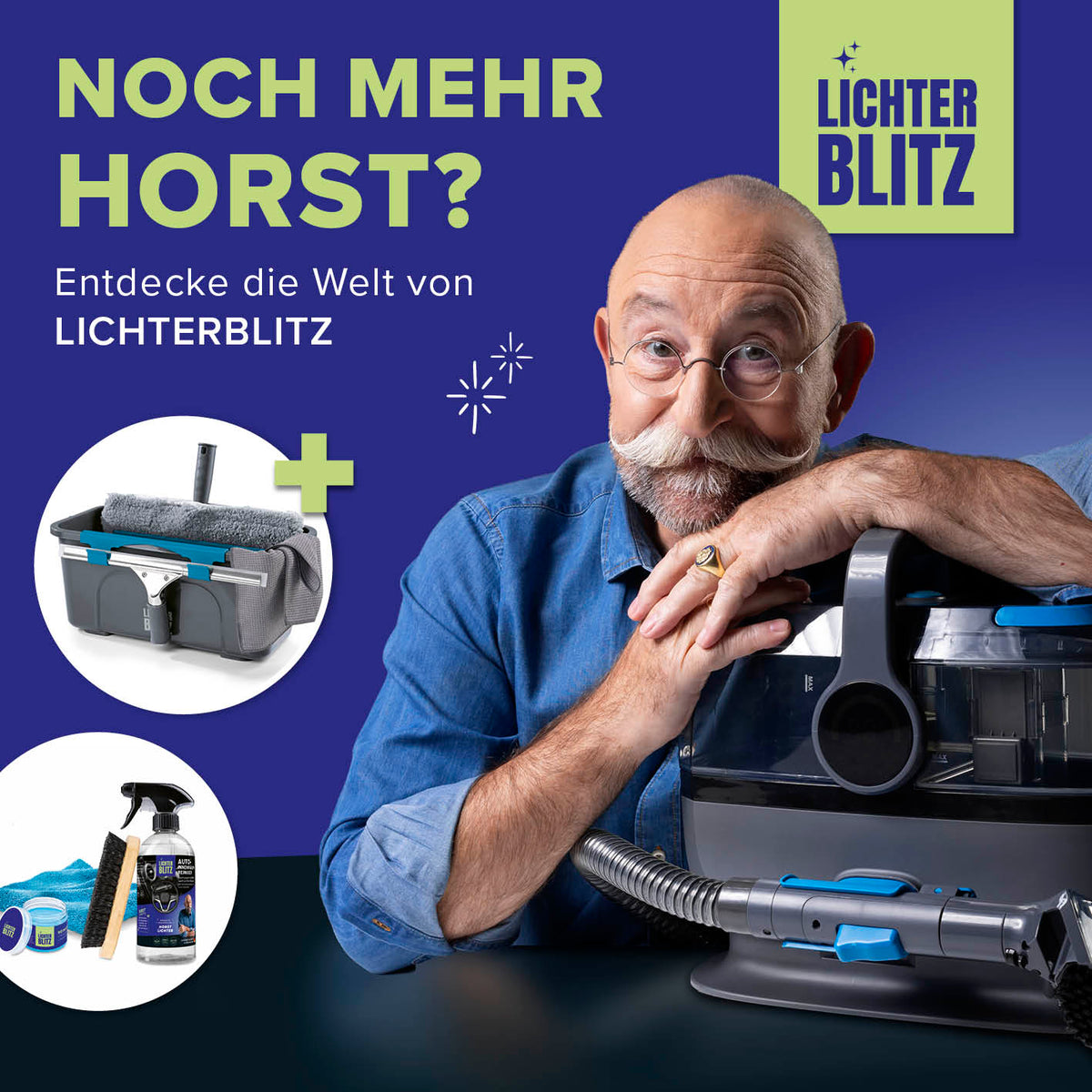 Mann mit Brille neben Handdampfreiniger und Zubehör, bewirbt Lichterblitz-Produkte für gründliche Reinigung.