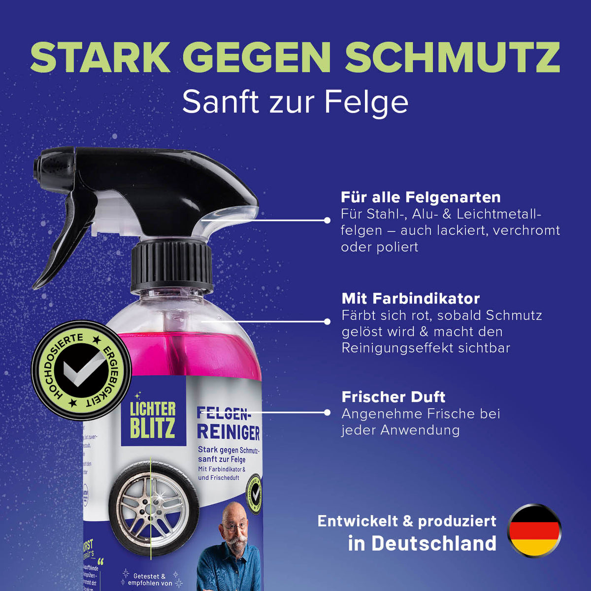 Reinigungsset Felgen – 4-tlg. mit Felgenreiniger, Farbindikator, frischem Duft, für alle Felgenarten, sanft zur Oberfläche, hergestellt in Deutschland.