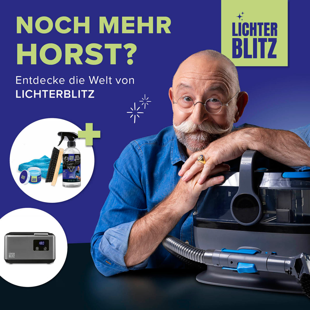 Mann mit Bart präsentiert Reinigungsset Felgen – 4-tlg. vor Staubsauger und Zubehör im Werbebild von Lichterblitz.